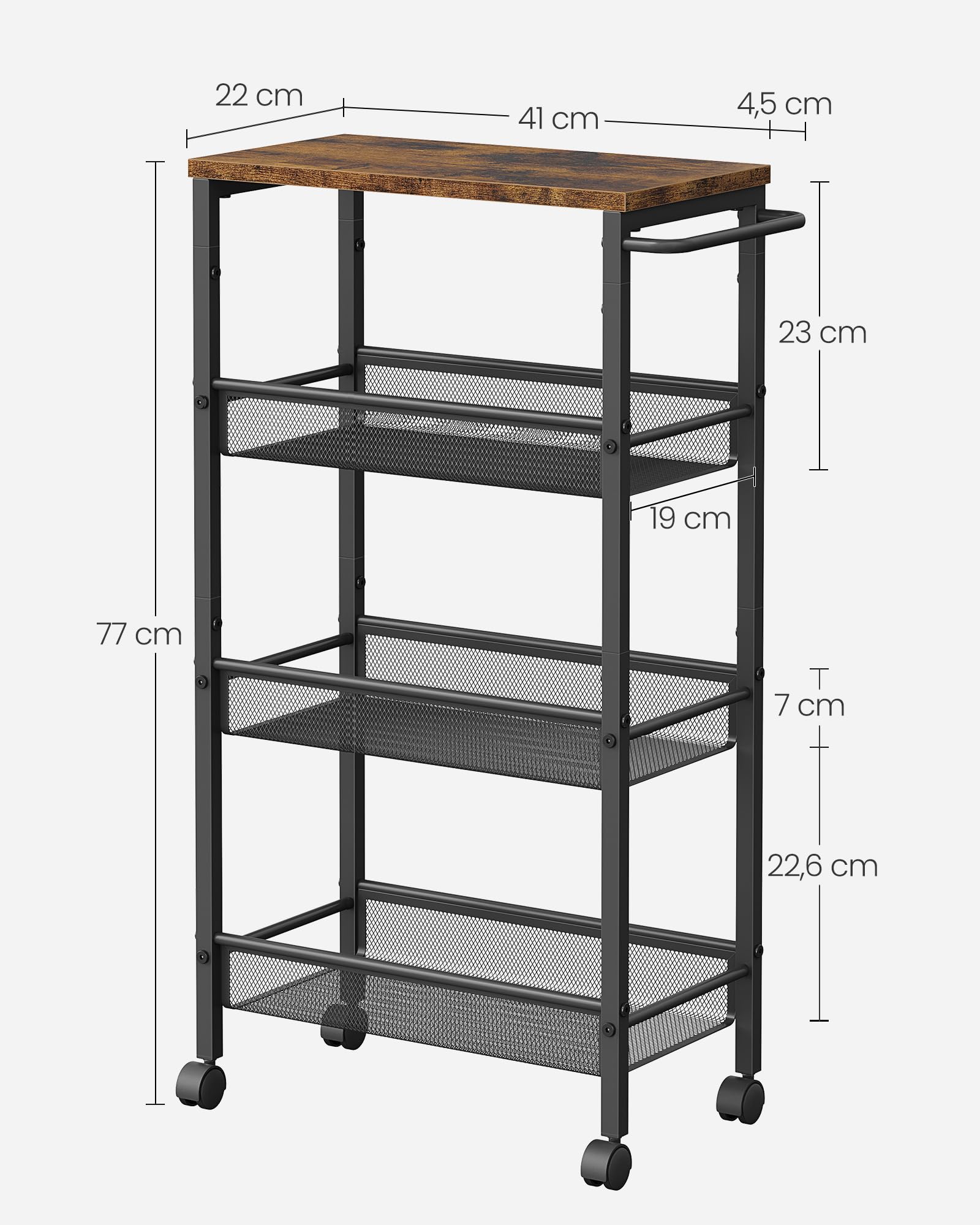 VASAGLE Carro de 4 Niveles, Carro Estrecho de Cocina con Ruedas, con Asa, para Espacio Reducido, 22 x 45,4 x 77 cm, para Cocina, Baño, Salón, Estudio, Marrón Rústico y Negro LRC033B01