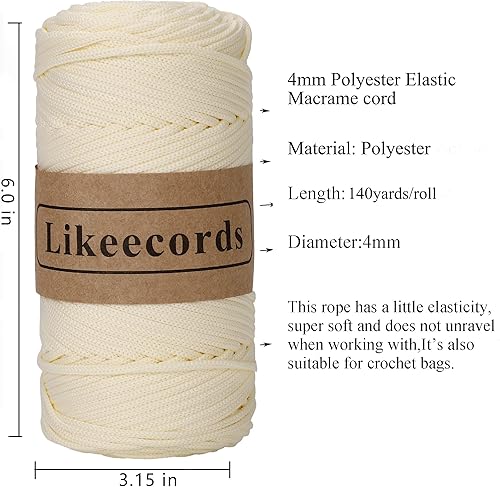 Miniatura 2 de Cordón de macramé de poliéster trenzado de 4 mm, 140 yardas  426 pies, hilo elástico para crochet, bolsa de cordón para manualidades, colgadores de