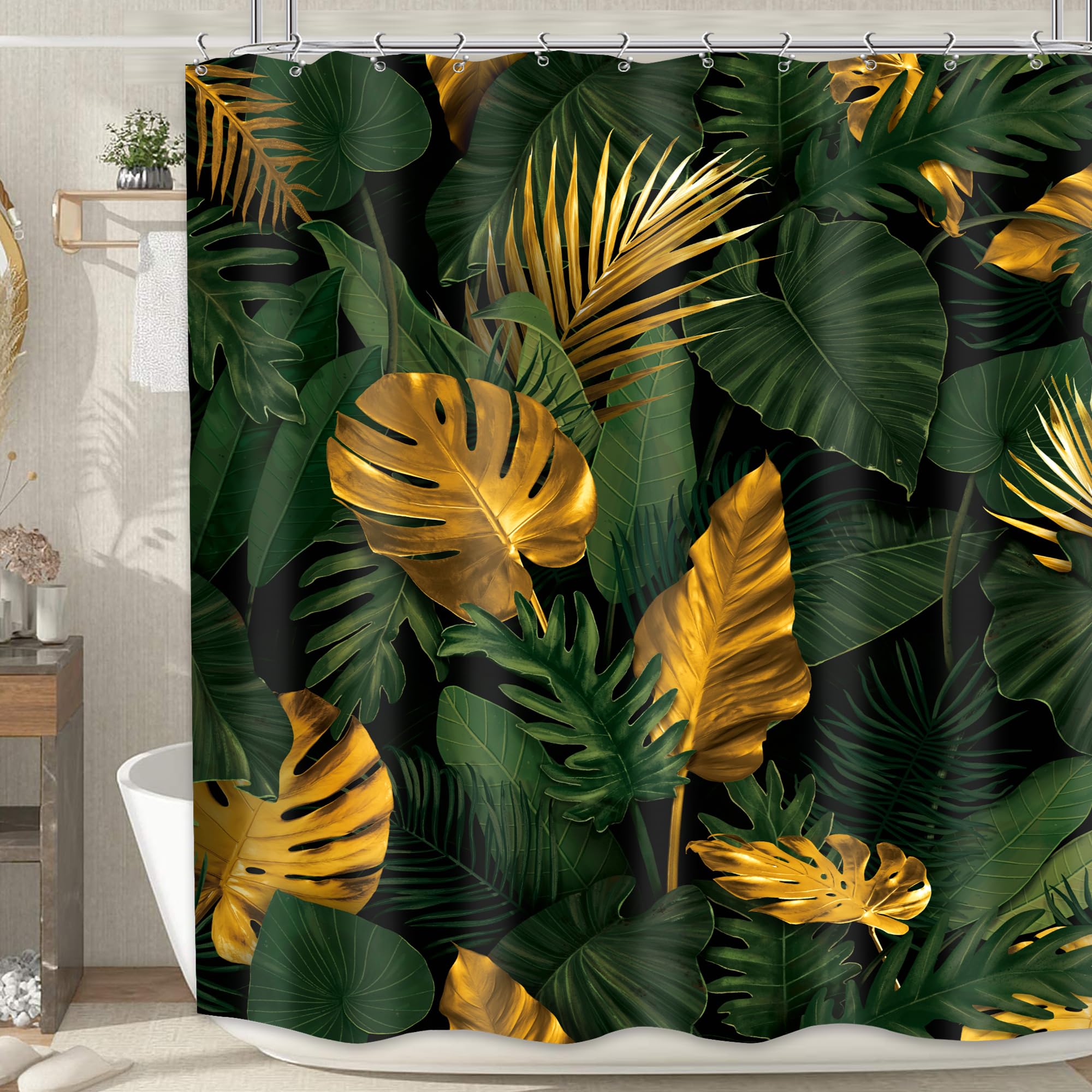 MESHELLY Green Gold Shower Curtain 60Wx72H Tropical Monstera Palm Leaves Jungle Banana Leaf Botanical Plant Aesthetic Modern Bathroom Curtain Nature