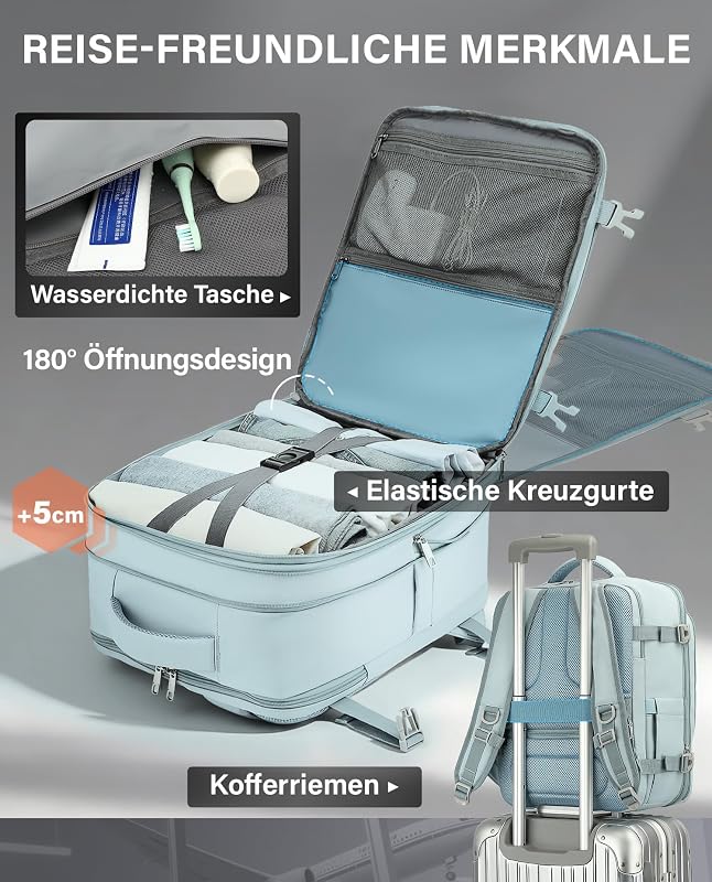 VANKEV Bővíthető Fedélzeti Hátizsák 40x30x20-25cm Ryanair EasyJet Wizz Air Laptop Táska Világoskék