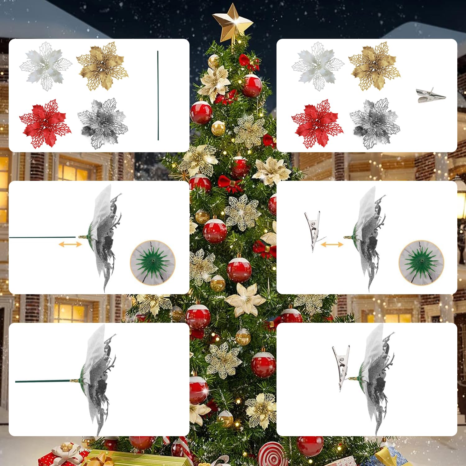 DWTECH 16 Pack Christmas Poinsettia Flowers with 16 Peduncles & 16 Clips,16cm/6.3’’ Artificial Flowers Glitter Poinsettia Christmas Wreath Christmas Tree Ornaments for Christmas Decorations (White) - Image 4