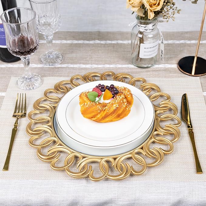 Set de 6 Platos Cargadores Dorados de Plástico 13 Pulgadas con Borde Ondulado miniatura 5