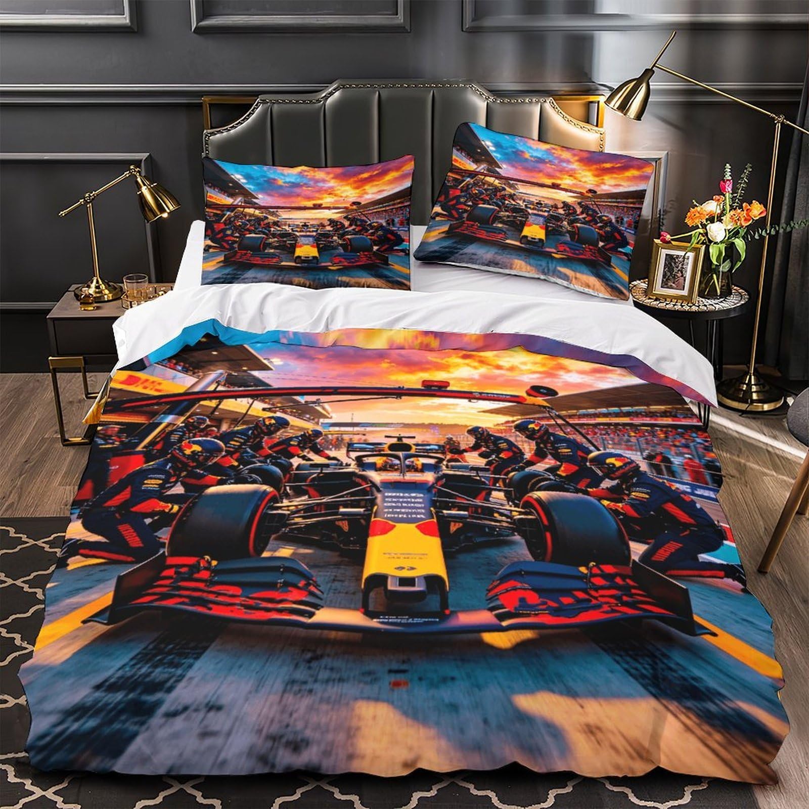 XiaopangXY Skin-friendly Formulaa Racing Pattern Bedding Set Super King（260x220cm）, Cozy Quilt Cover, 3D Pit Stop Printed Duvet Cover, Luxe Pit Stop Comforter with Pillowcase