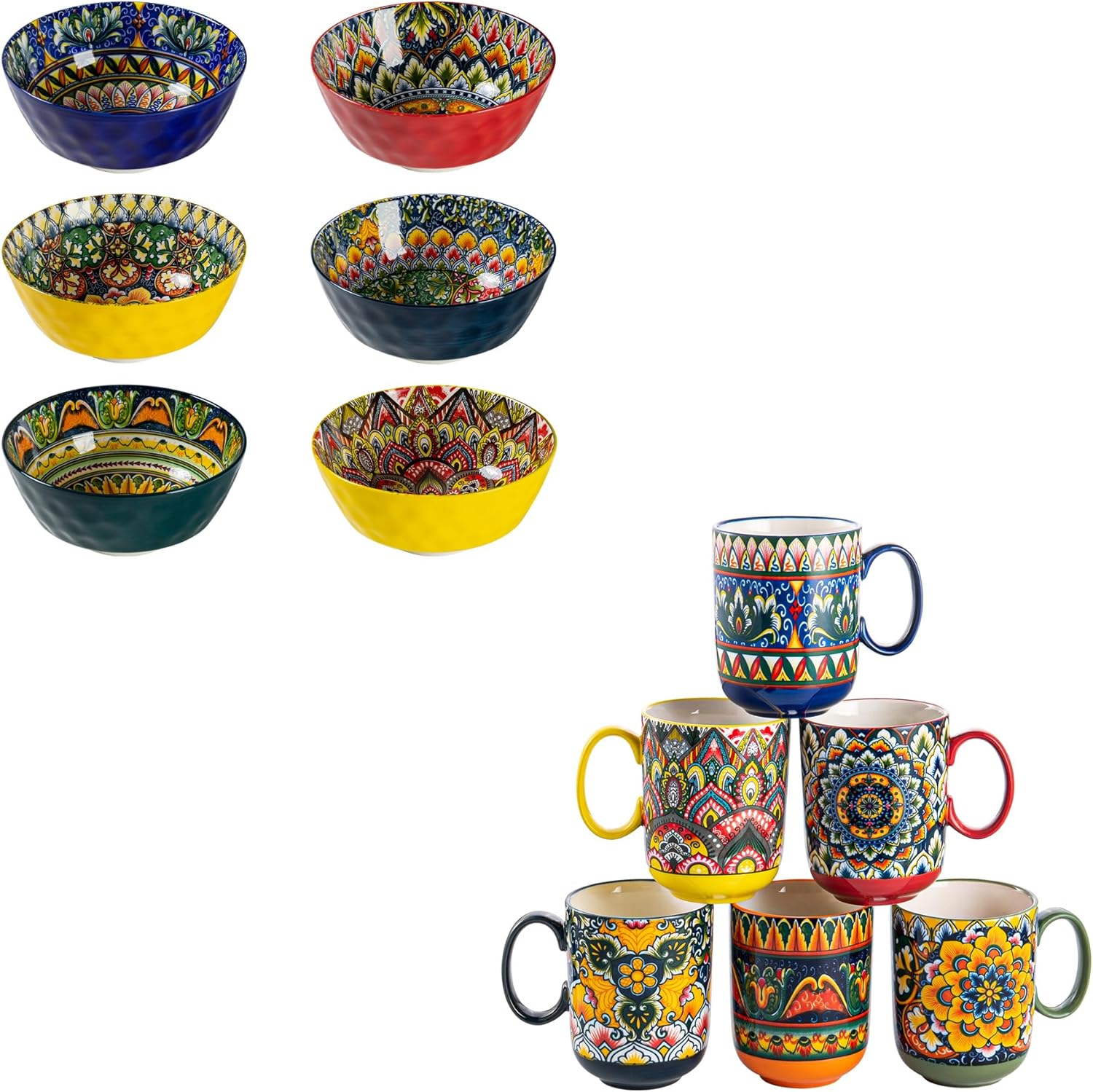 Henten Home Ceramic 25 oz Soup Bowls Set & Coffee Mug Set of 6, Colorful Bohemian Style, Microwave & Dishwasher Safe