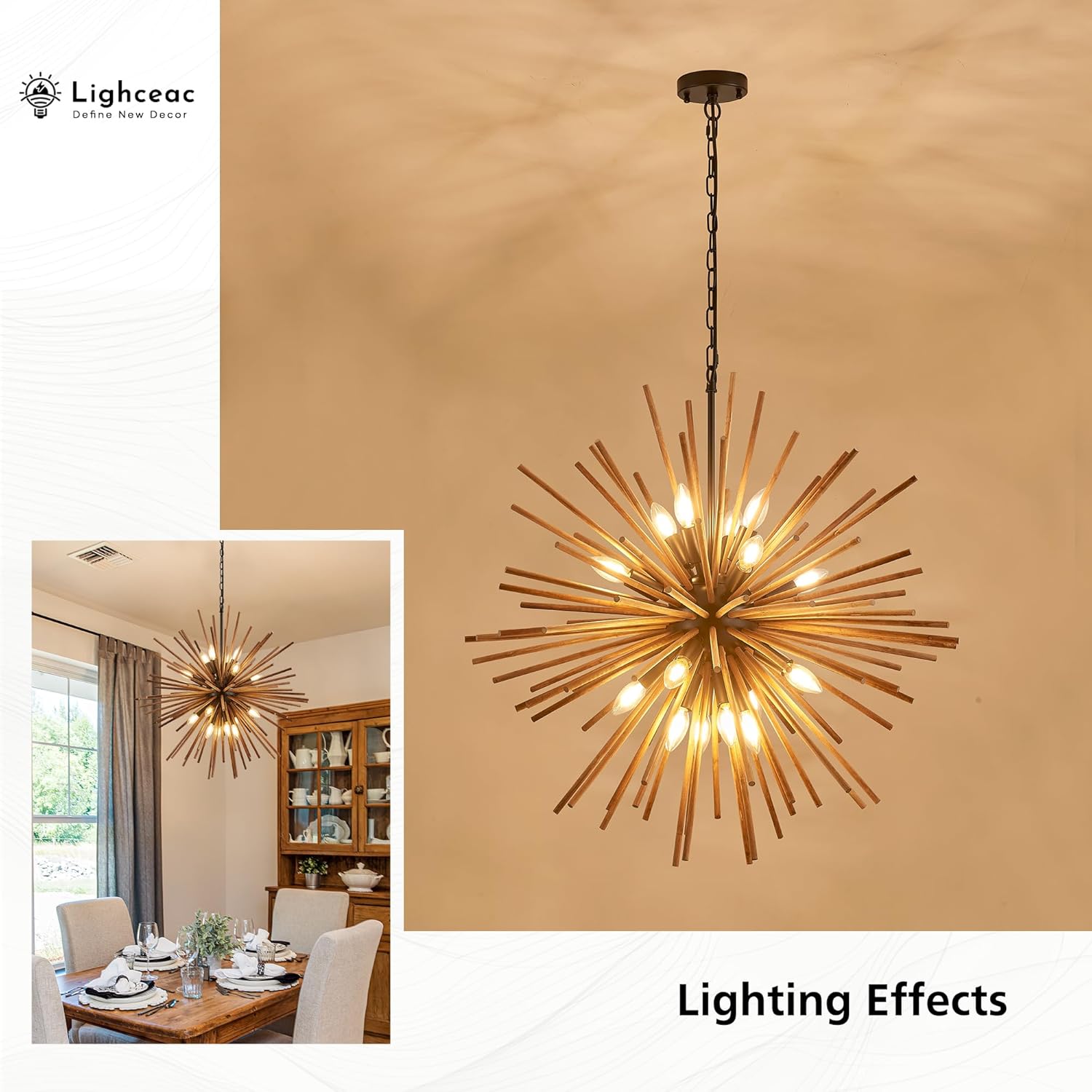 31.3" Farmhouse Sputnik Chandelier for Dining Room Rustic Handmade Natural Wood 16-Light Hanging Ceiling Pendant Light Fixture Starburst Wood Chandeliers for Kitchen Bedroom Foyer Hallway