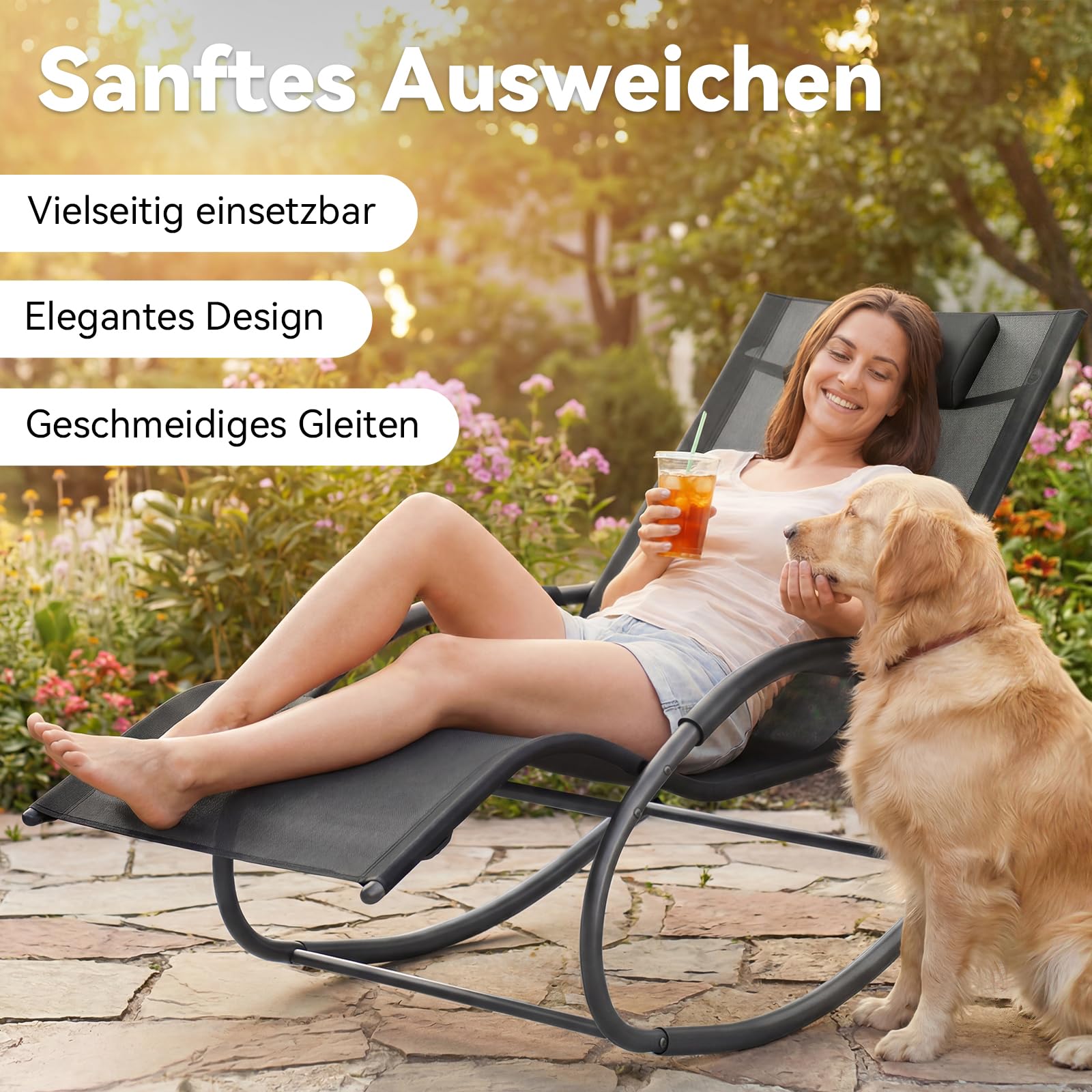 Aoxun Schaukelstuhl Schwingsessel Gartenstuh Inklusive Kopfstützen- und Seitenablagefach Schaukelliege Metall Mesh schaukelstuhl Wohnzimmer für Hof, Garten, Balkon, 148 x 63 x 84 cm, Schwarz