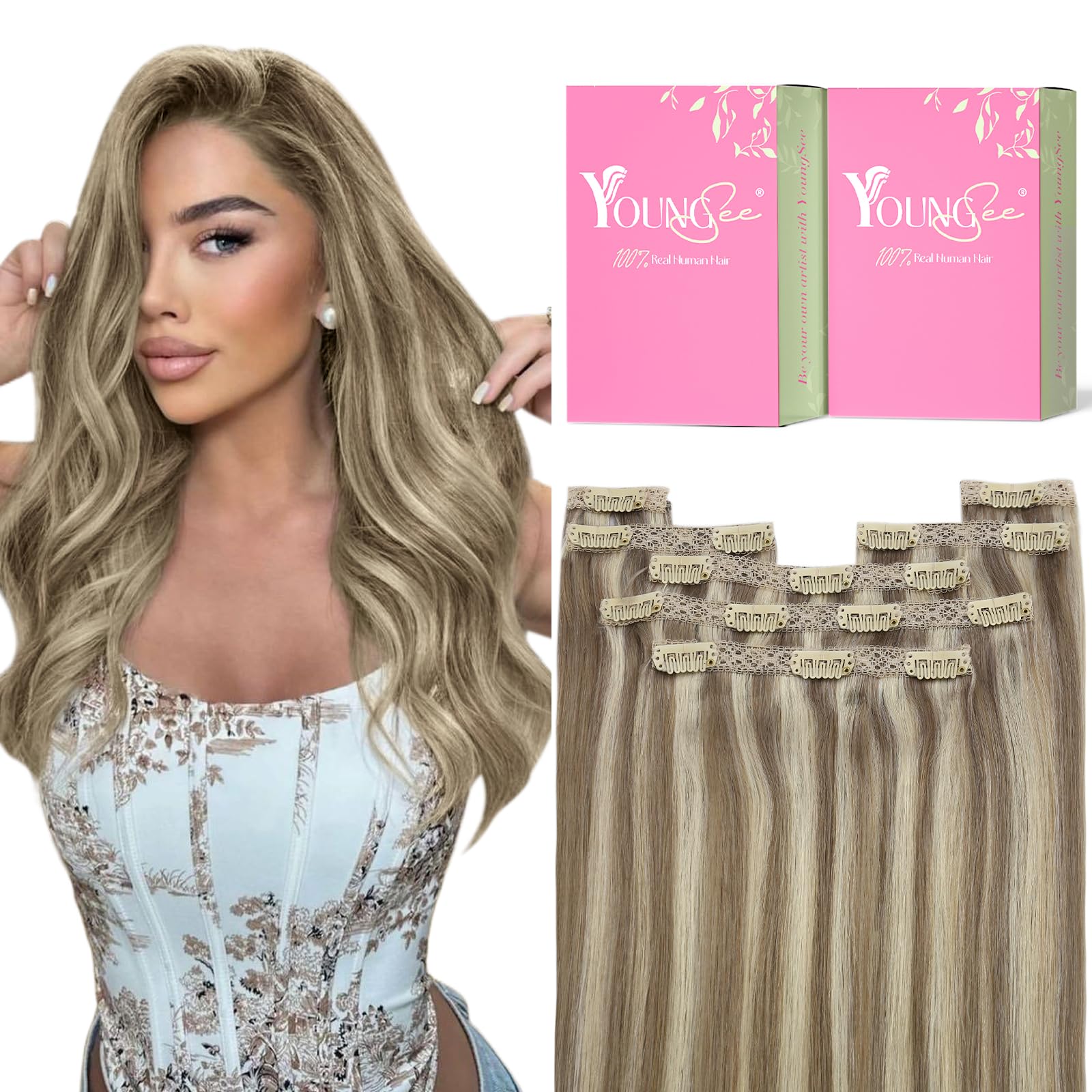 Youngsee 16" Silk Straight Clip in Human Hair Extensions 7 Pieces Light Brown With Medium Blonde Double Weft Thick Clip Extensions Remy Hair 120G/Set: 16, P8/22