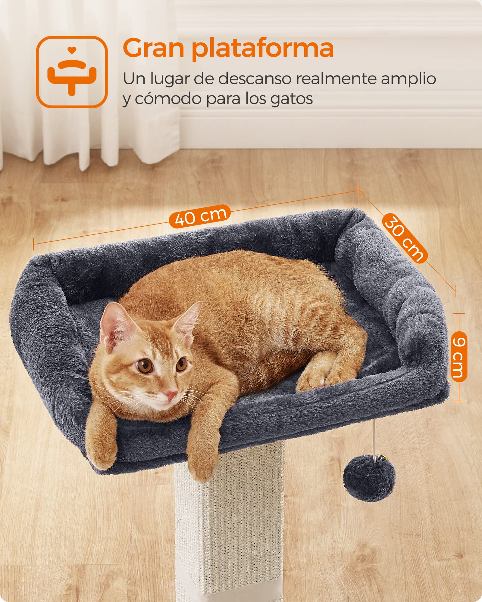 Feandrea Árbol para Gatos, Rascador de Felpa 40 x 30 cm, 71 cm de Altura, Columna con Sisal Tejido, Base de 45 x 40 cm, con Pompón, Gris Oscuro PCA022G01