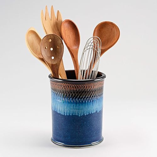 Soporte para utensilios de cocina hecho a mano, Hamada y azul, fabricado en EE. UU., organizador de utensilios de cerámica
