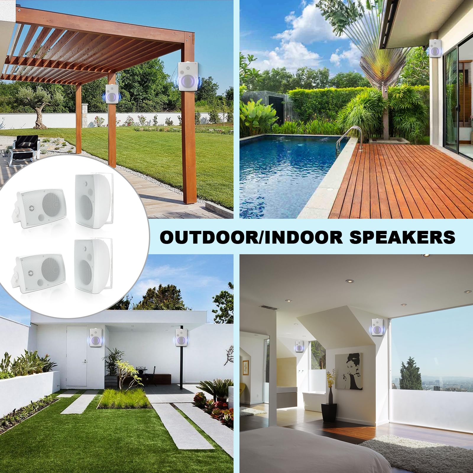 Herdio 6,5 Pouces 800 W Haut-parleurs Bluetooth d'extérieur, filaires étanches avec amplificateur Multifonctionnel, Haut-parleurs muraux pour terrasse, Piscine, Jardin (Blanc)