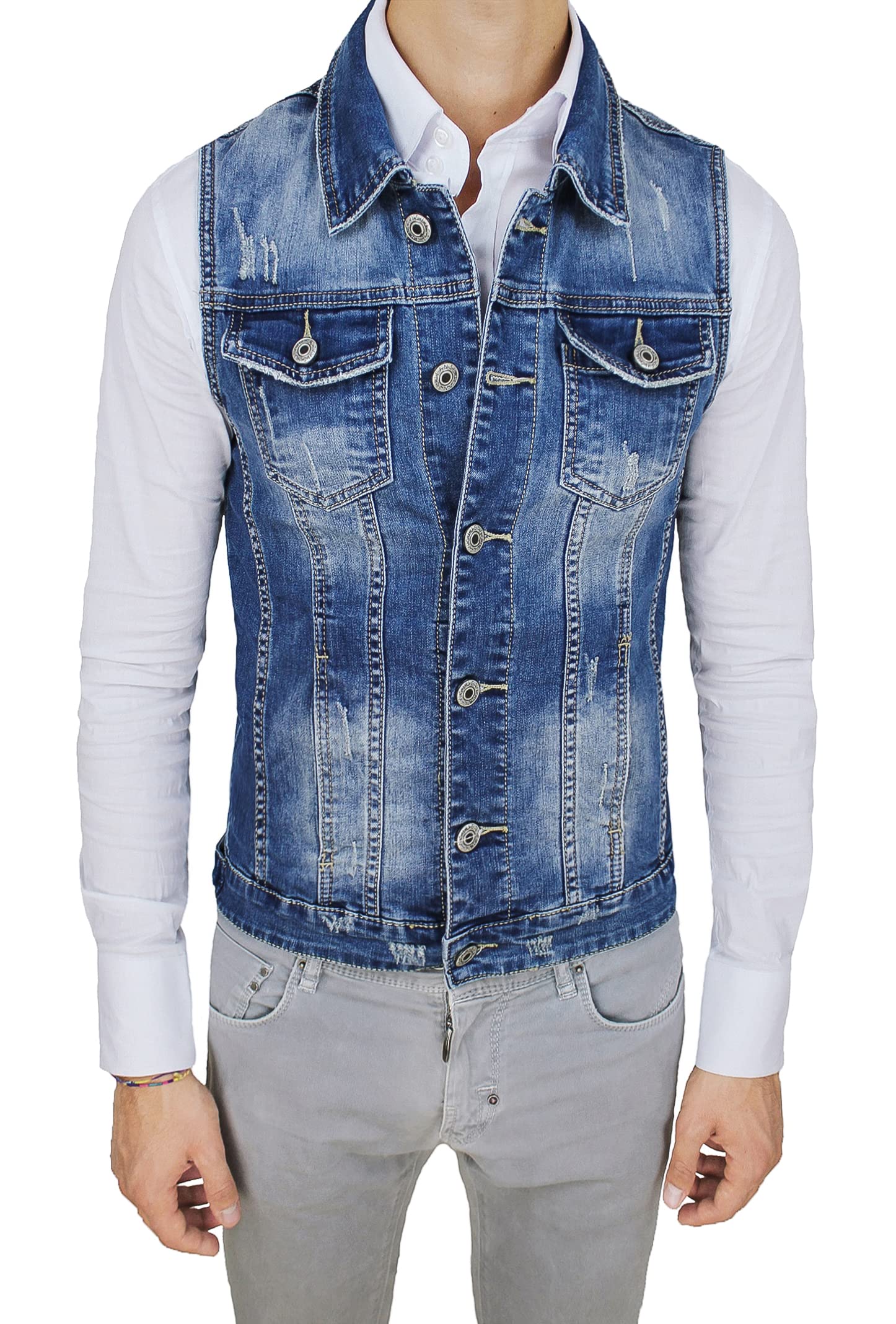 Evoga Giubbotto Smanicato di Jeans Uomo Blu Denim Cardigan Gilet Giacca Casual