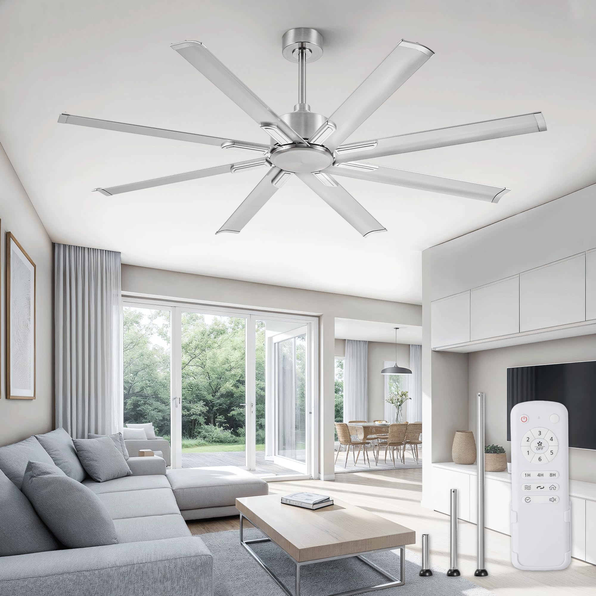 ZMISHIBO 65 Inch Industrial DC Motor Ceiling Fan, Large Ceiling Fan with 8 Reversible Blades, 3 Downrods, 6-Speed Remote Control, Home or Commercial