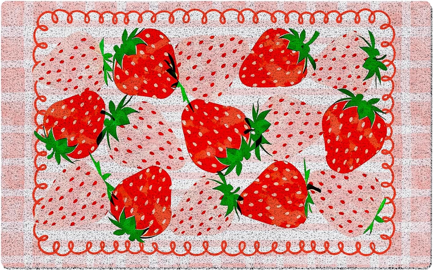 Pink Checkered Strawberry Welcome Door Mat,Summer Pink and Red Strawberry Mats for Home Outdoor Indoor Entrance,Coquette Summer Fruit Doormat for Front Door Porch,17x30 Inches