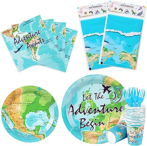 Adventure World Awaits - Juego de suministros de fiesta para 24 personas kit de vajilla temática de viaje de exploración  platos de fiesta