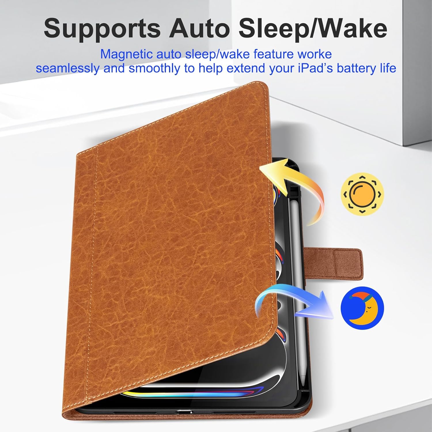 Genuine Leather iPad Case for iPad Pro 11 inch (M4) 2024 / (M5) 2025,Leather Folio Cover with Apple Pencil Holder, Auto Wake/Sleep, Adjustable Stand, Magnetic Closure,Light Brown