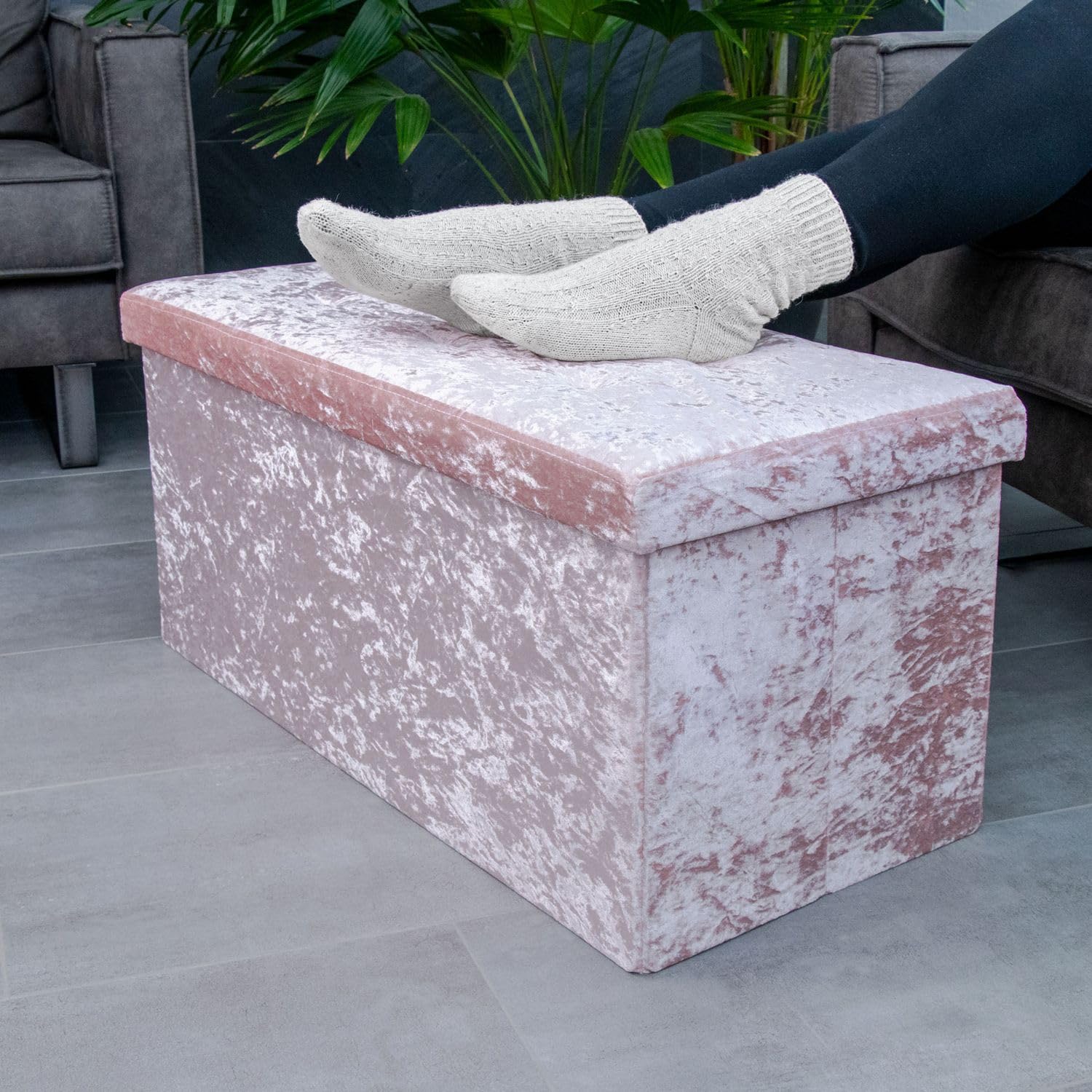 INTIRILIFE Banco Plegable 76x38x38cm en Terciopelo Rosa - Asiento Cubo con Espacio de Almacenamiento y Tapa con Funda de Terciopelo - Asiento Cubo reposapiés Plegable Caja de Almacenamiento Cofre