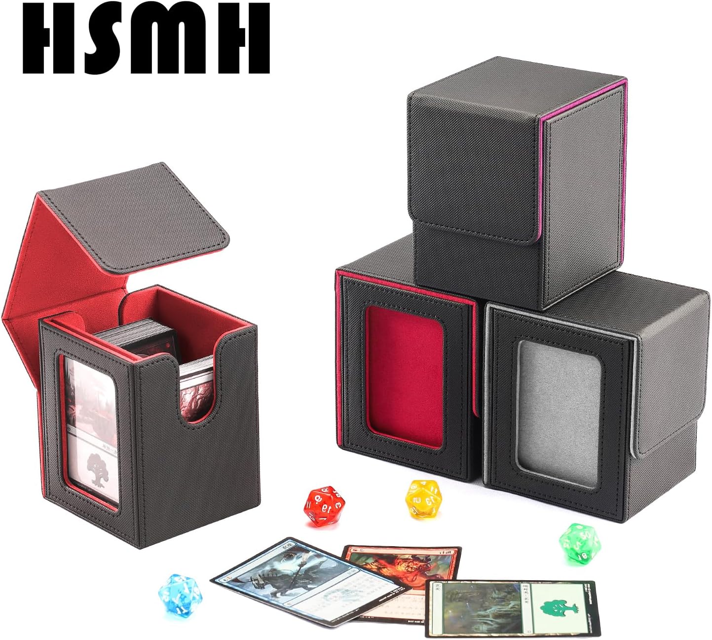 MTG Deck Box for Commander Display Window,Card Deck Box Fits 100 Double Sleeved Cards Applicable to All Card transactions Such as TCC/CCG/EDH (Black Red)