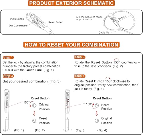 Miniatura 7 de OKG Cerradura de amarre con combinación de 4 dígitos, 2.3 pies, de acero inoxidable extendido, ajustable, con protección antiarañazos, seguro para