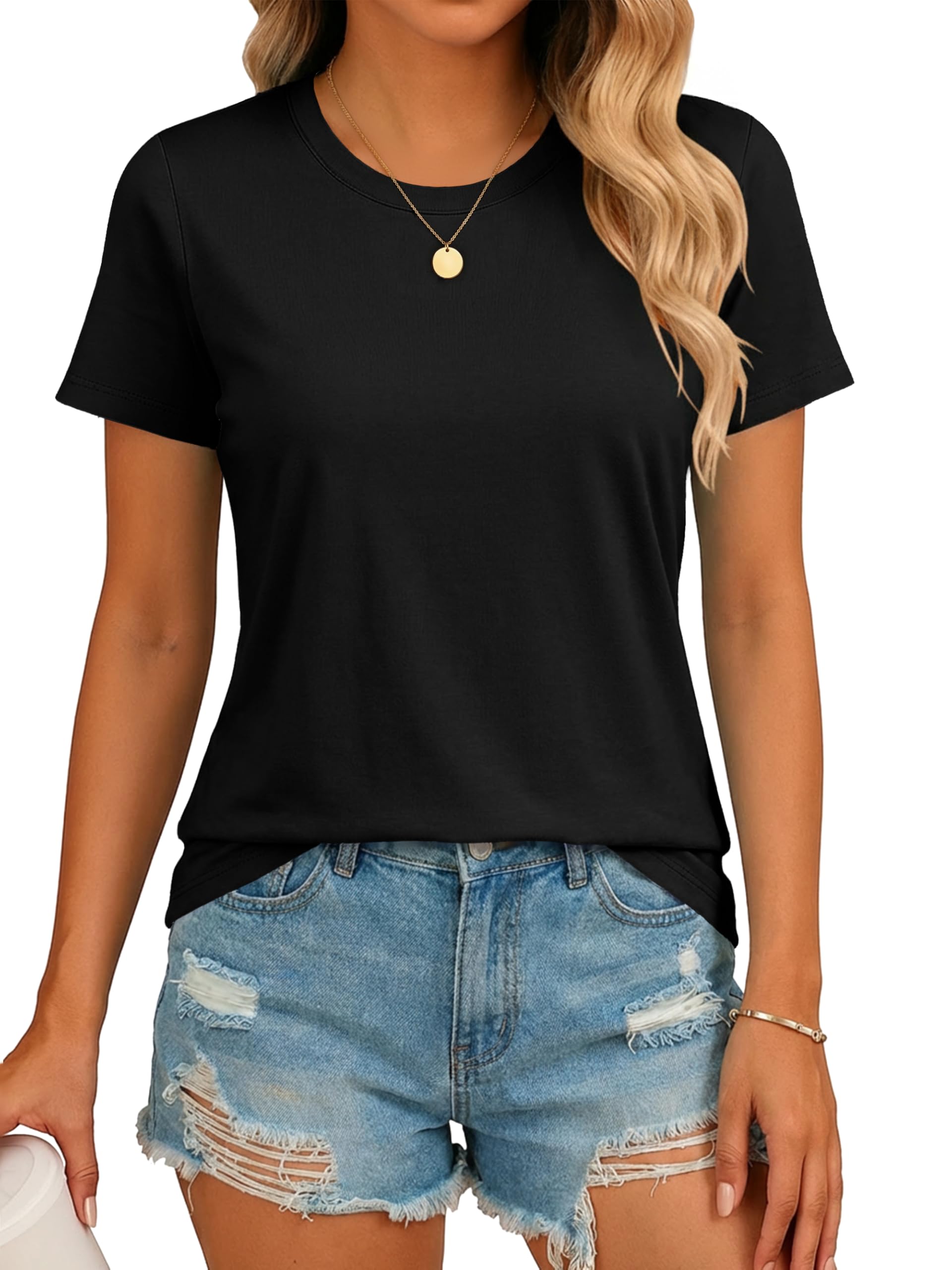 SMENG Camisetas de manga corta para mujer, de algodón UPF 50+, cuello redondo, camiseta básica de verano, yoga, correr, entrenamiento