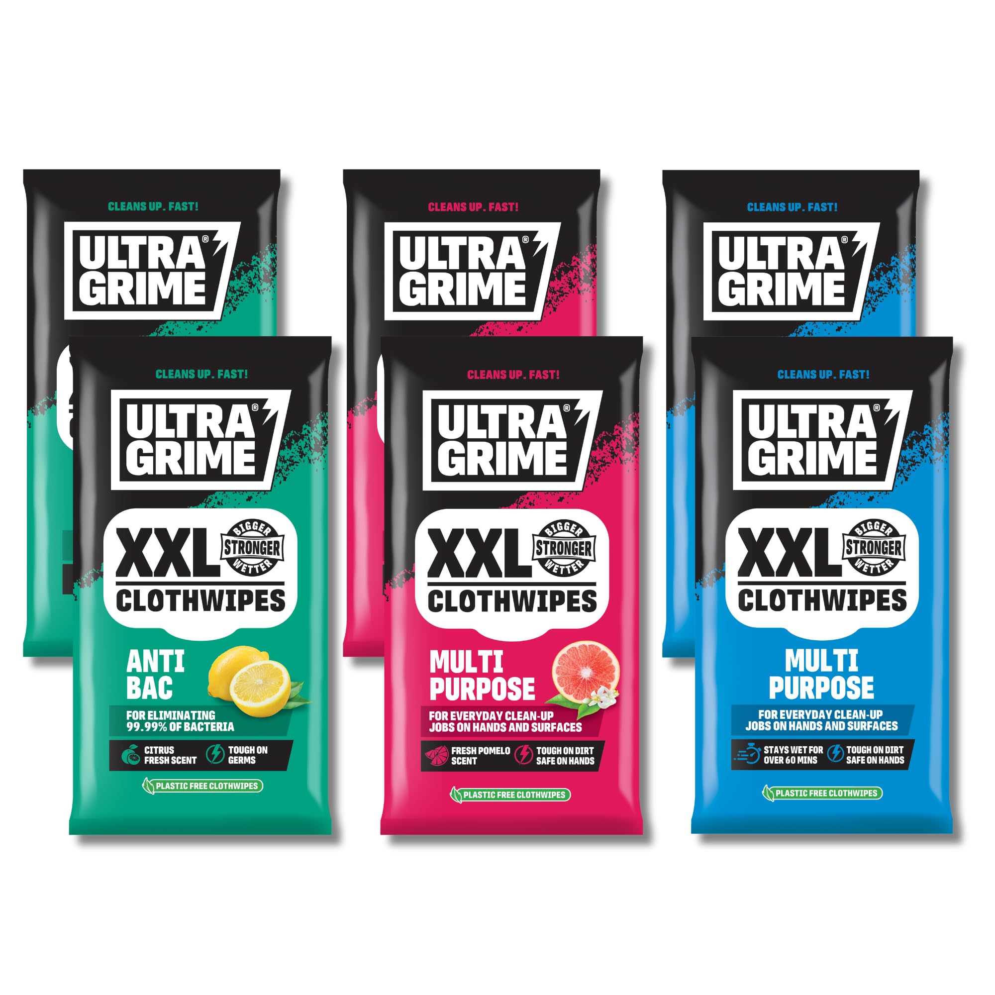 UltraGrime Household Clothwipes Bundle | Multi-Purpose Anti-Bac Cleaning Wipes Bulk Buy | 6 packs of 20 Clothwipes | 2x Multi-Purpose Pomelo, 2x Multi-Purpose Original, 2x Anti-Bac