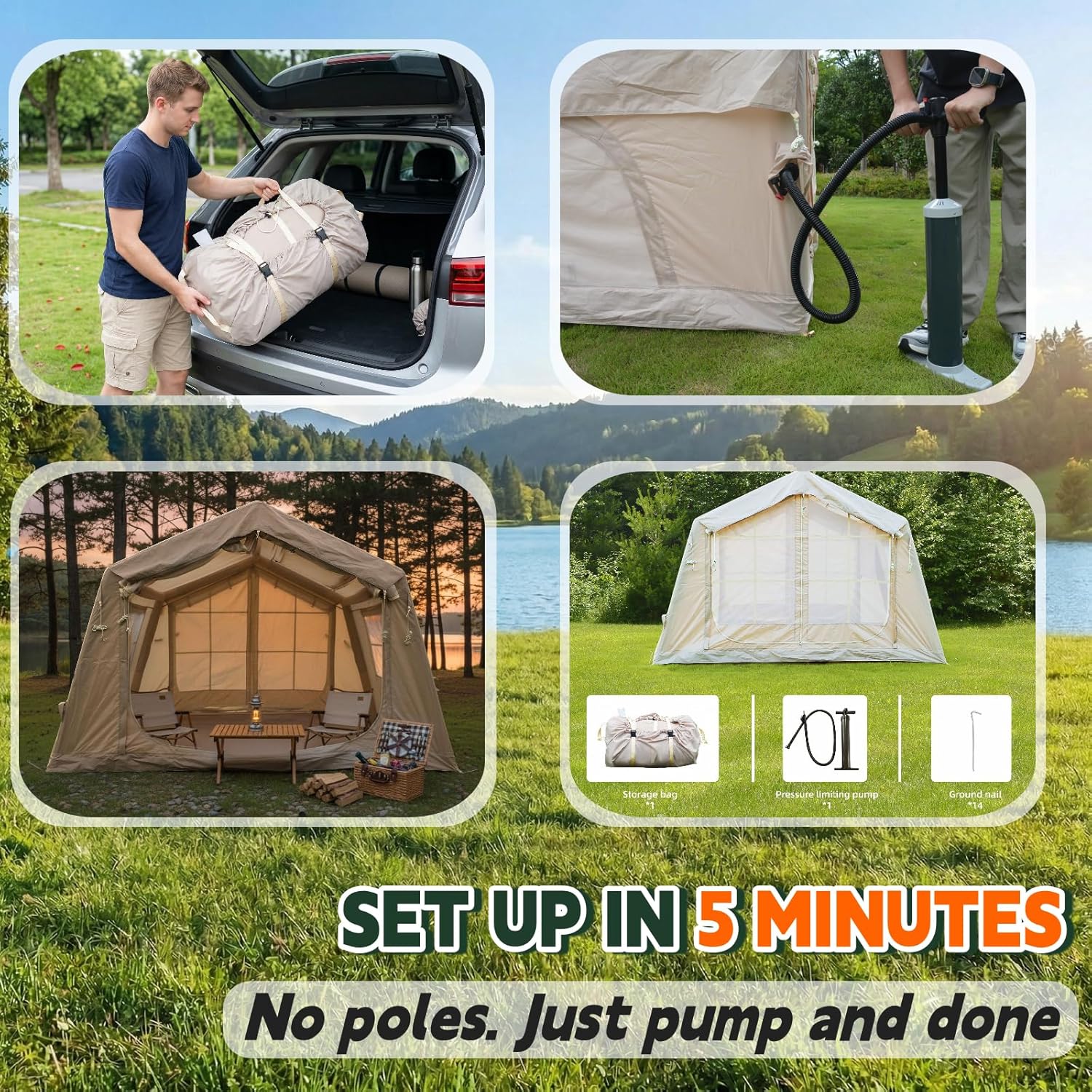 Inflatable Air Tent 8x10 FT with Pump, 4-6 Person Blow Up Camping Tent, 5 Min Setup, Reinforced Stable Structure, Waterproof 4 Season Oxford Tent with Canopy Option, Stove Jack & AC Port