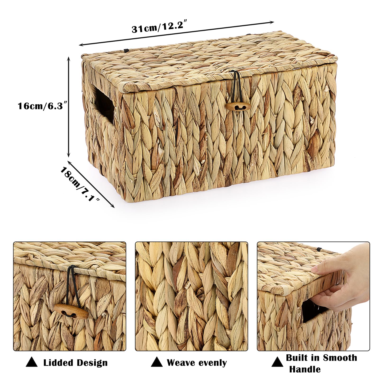 OGANAZI Cajas de mimbre de jacinto de agua natural, cestas de almacenamiento de mimbre tejido con tapas, cestas de almacenamiento para baño, dormitorio, cocina, oficina, 31 x 18 x 16 cm (mediana)