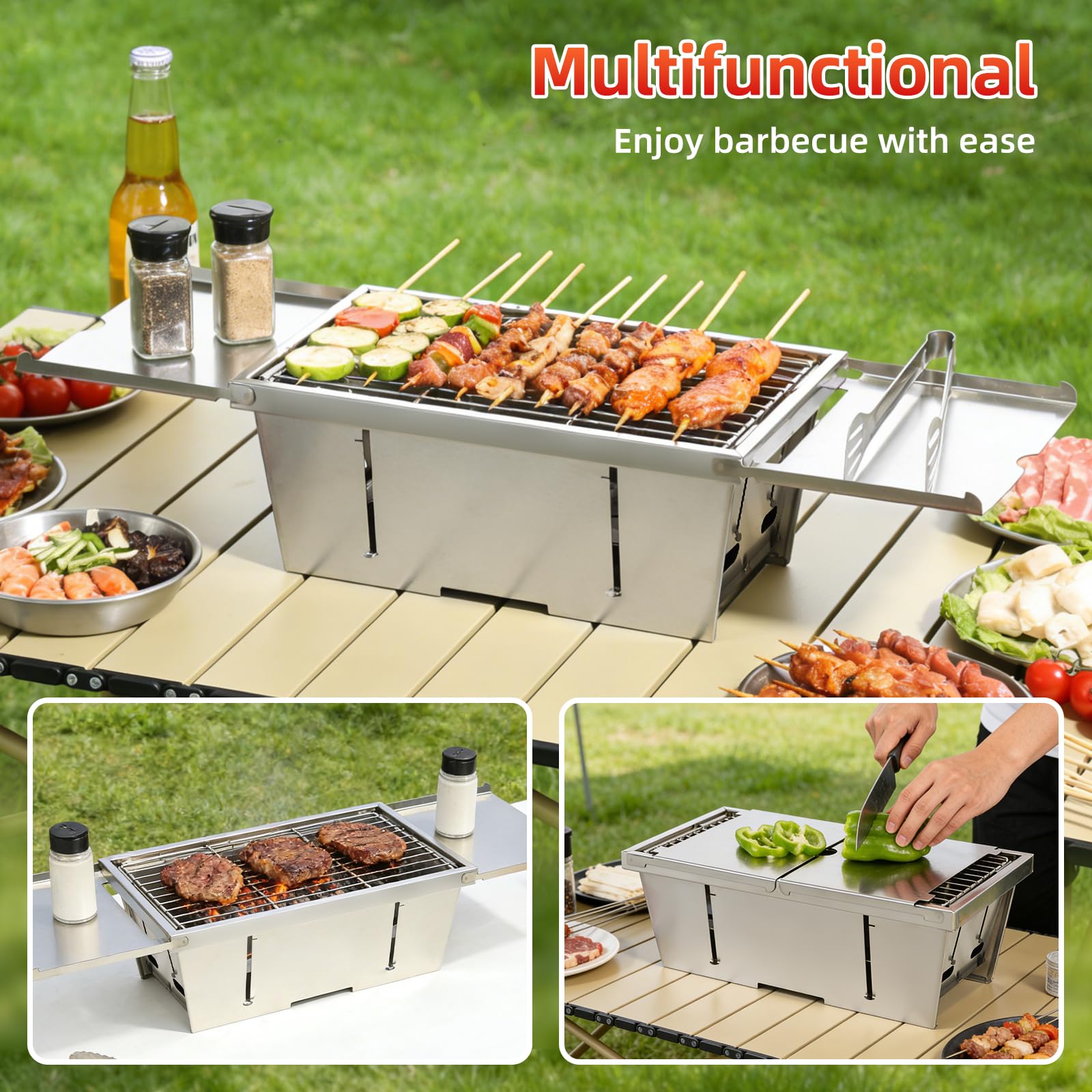 Uten Parrilla Plegable Portátil, Barbacoa de Carbón de acero inoxidable con bolsa de almacenamiento y guantes, Barbacoa de Mesa para jardín, playa, camping, senderismo, picnics y viajes — view 7