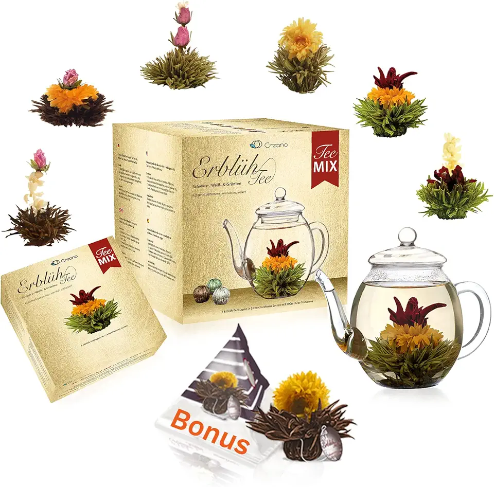 Te-blommor presentset med glaskanna och te-sorter