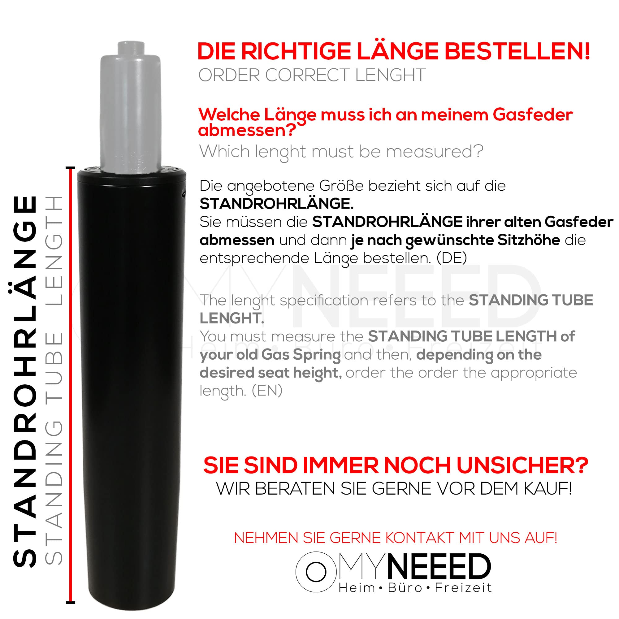 Gasdruckfeder für Bürostuhl - Gasfeder Belastbar bis 200 kg - Gasdruckdämpfer für Drehstuhl, Chefsessel, Hocker, Schreibtischstuhl - Gasfedersäule Bürostuhl, Standrohr-Länge:230 mm Schwarz
