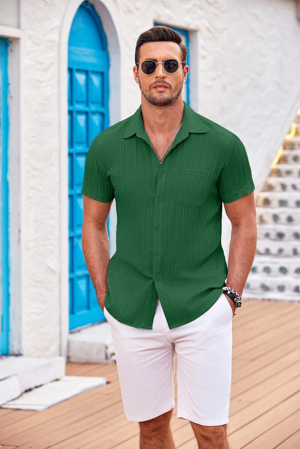 COOFANDY Men's Casual Button Down Shirts Short Sleeve Textured Summer Beach Shirt with Pocket - Image 3
