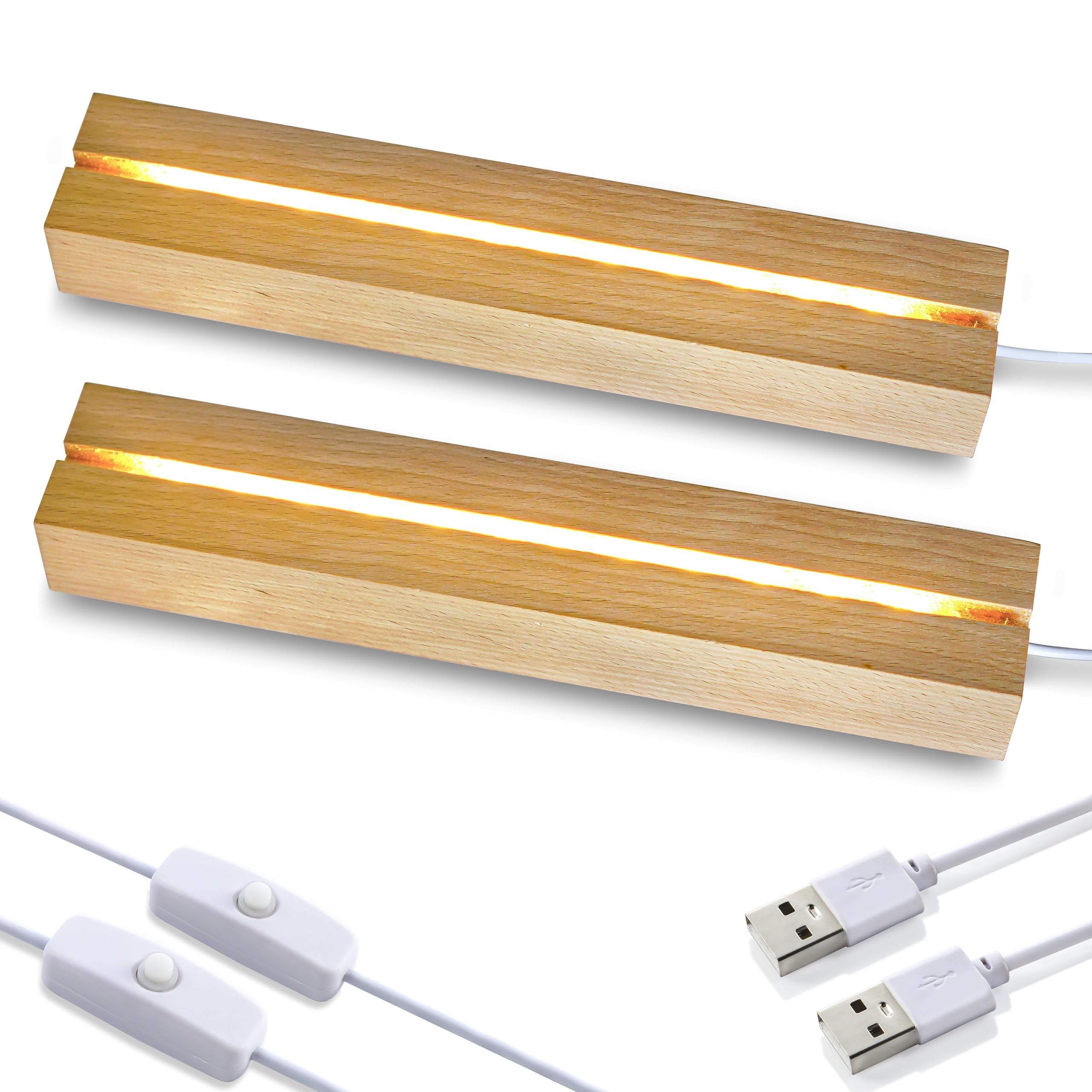 2 Pack Wooden LED Light Base for Acrylic Display USB Warm Light 9.4in