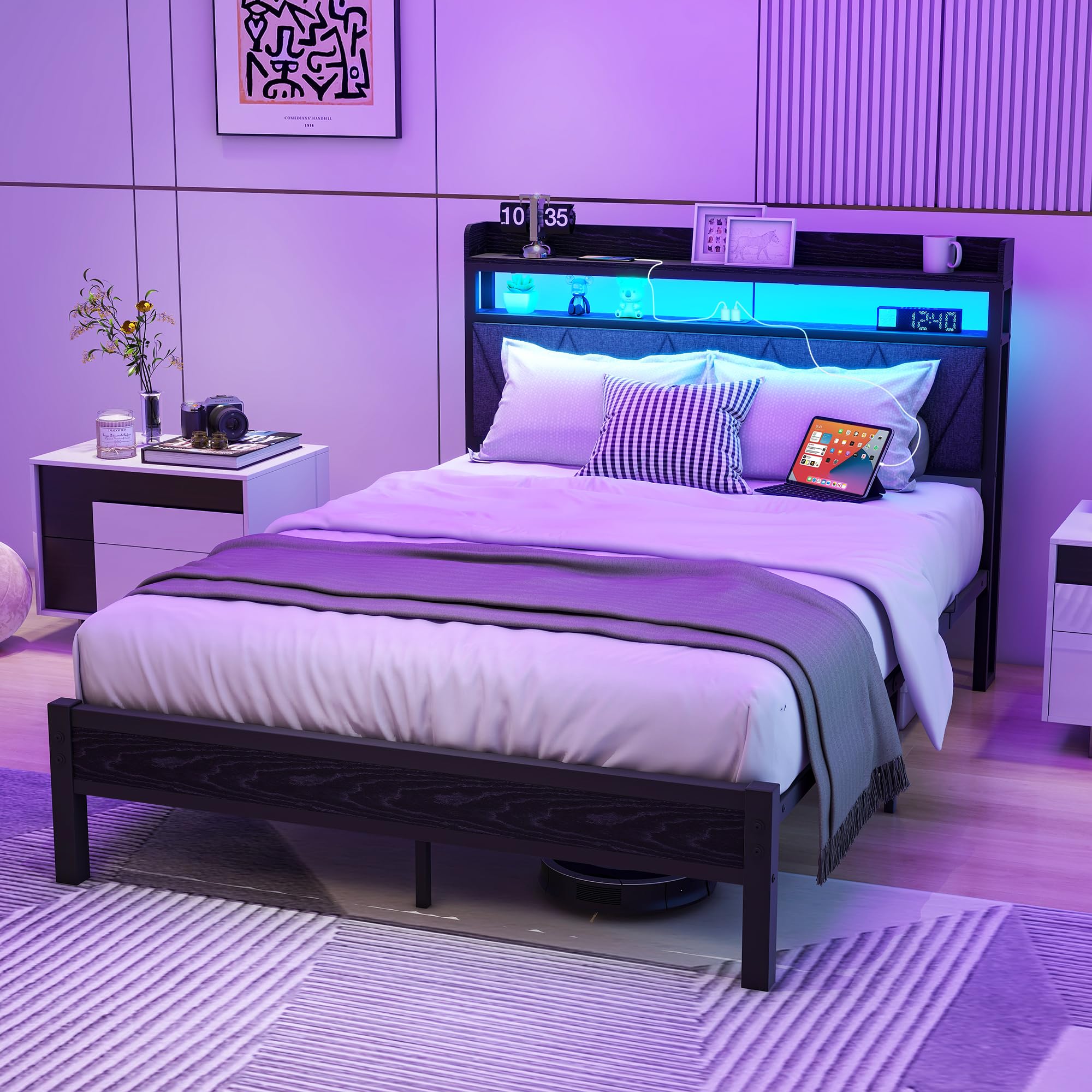Estructura de cama tapizada de 120 x 200 cm, marco de cama doble con LED y estación de carga, marco de cama con espacio de almacenamiento, cama juvenil, cama de invitados con cabecero