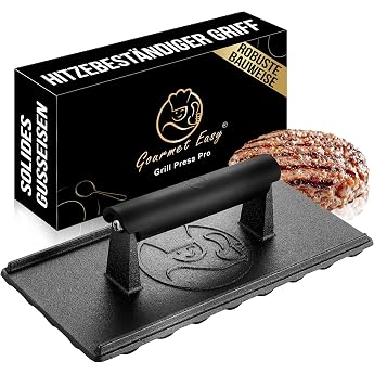 Non-stick cast iron burger press Heavy duty grill press 1260g with heat resistant handle Meat weights for meat and fish Suitable as smash burger / burger smasher / burger press As a burger press meat weight and burger smasher ideal for meat and fish with replacement promise
