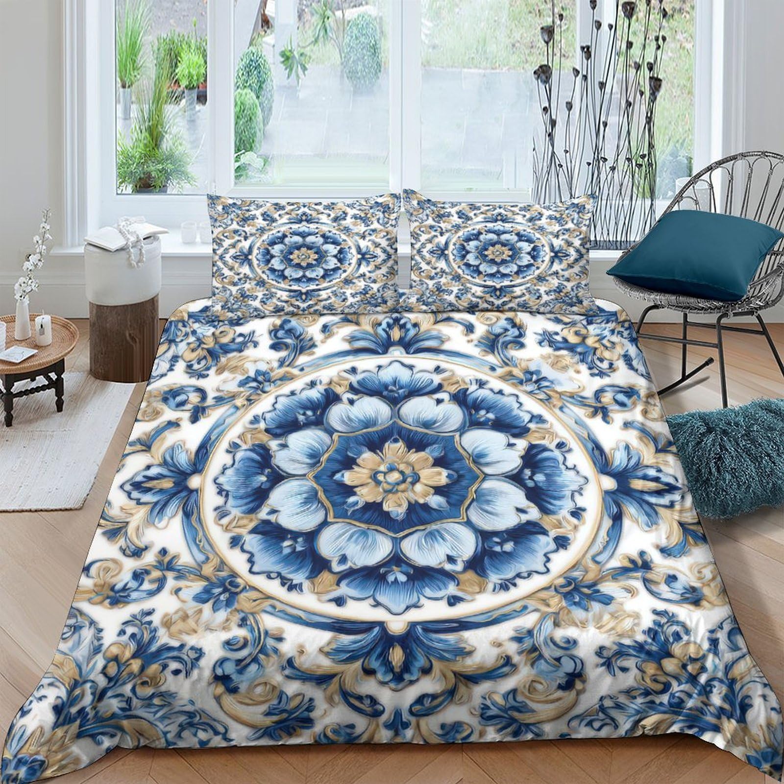 Ctjqhvkz Style-1 3D Printed Blue Mandala Fitted Sheet Microfiber Soft Anti-Slip Baroque Floral Mattress Cover For Bedroom Guest Room Decor Single（135X200cm）