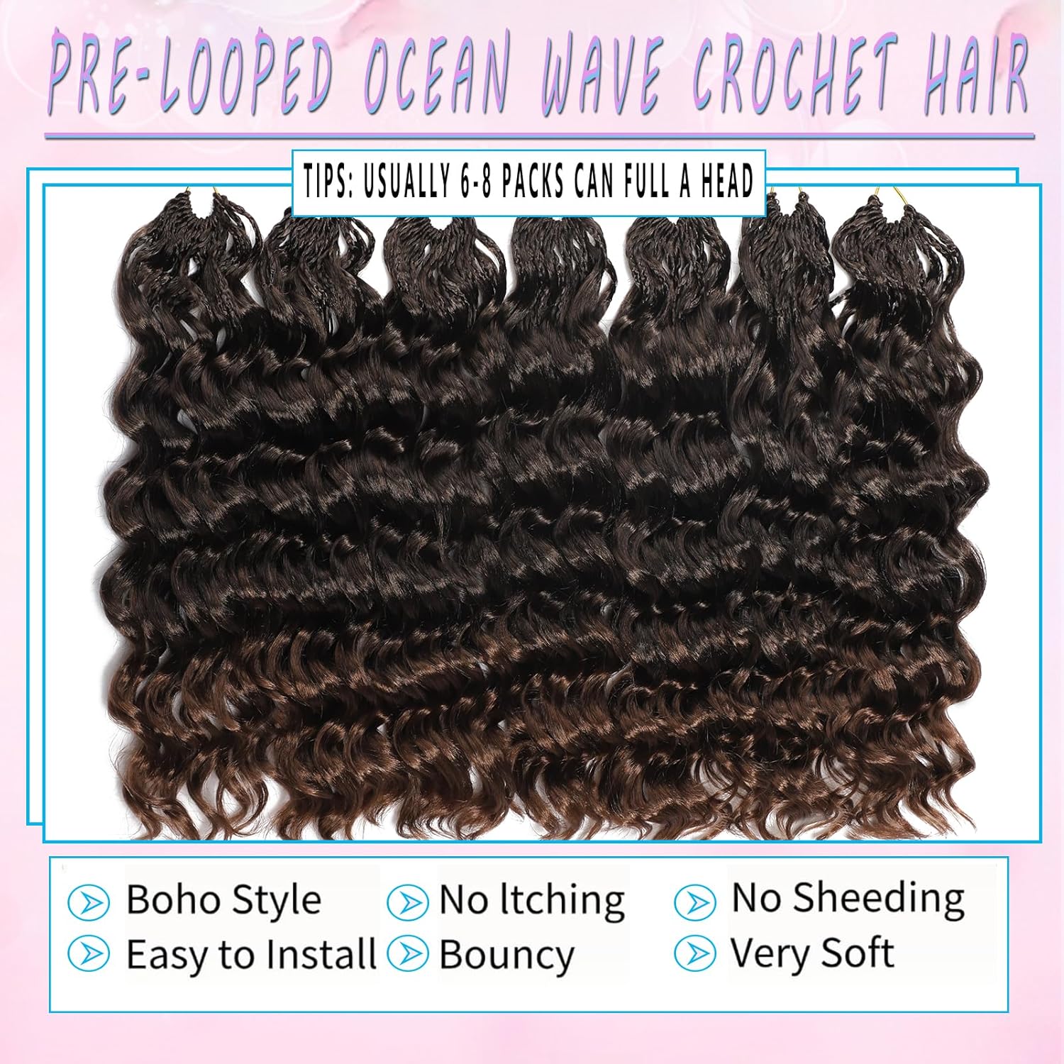HAIRWAY Ocean Wave Crochet Hair 7 Packs Curly Crochet Hair Boho Ocean Braids Pre Twisted Synthetic Deep Wave Crochet Braids for Women (T30, 18 Inch)
