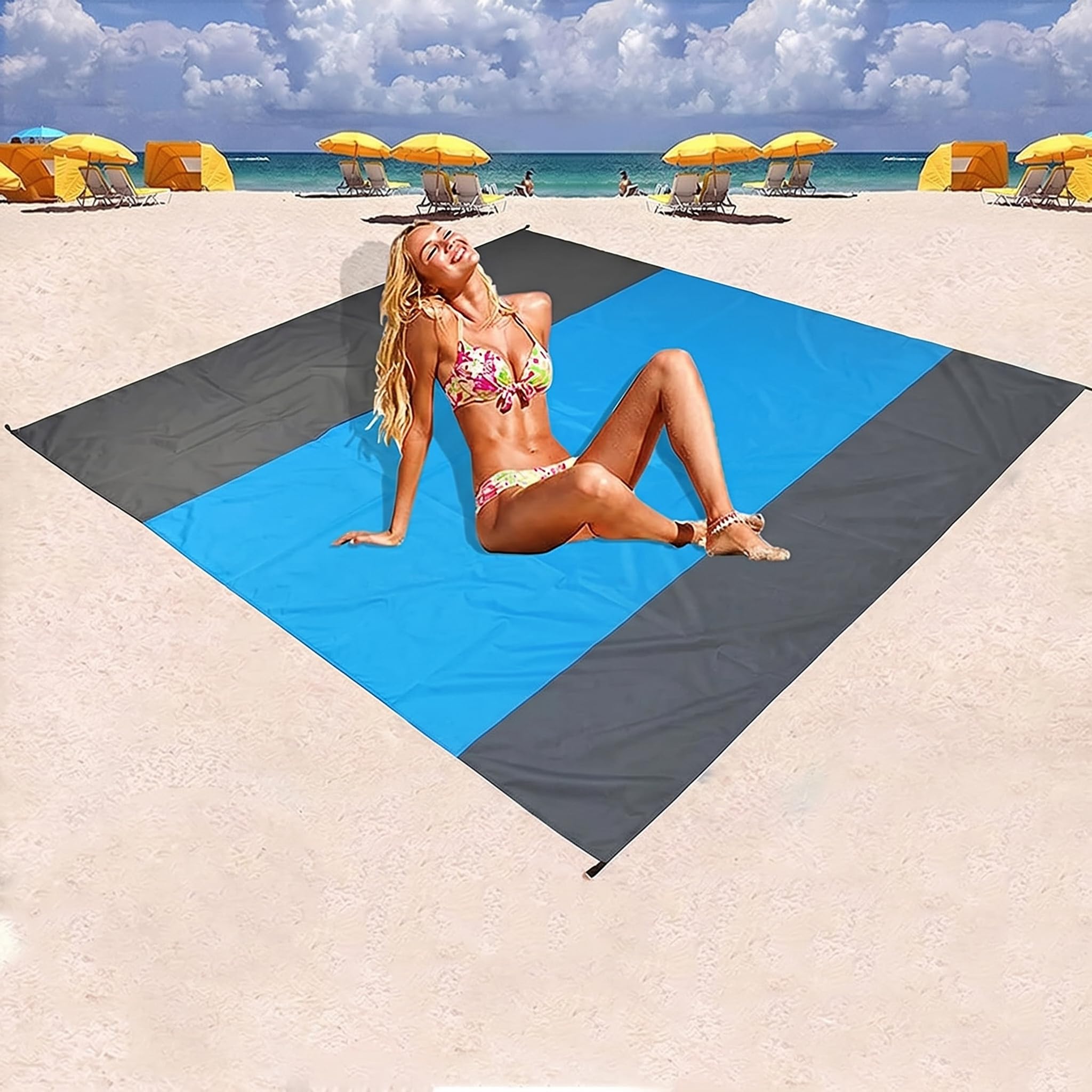 Koc piknikowy, bez piasku, wodoszczelny ręcznik plażowy, mata plażowa, 4 narożniki do umocowania w podróży, na kemping, piknik, do spakowania, z torbą (niebieski/szary) | Mata plażowa, 4 narożniki do mocowania, na podróż, kemping, piknik, do spakowania z
