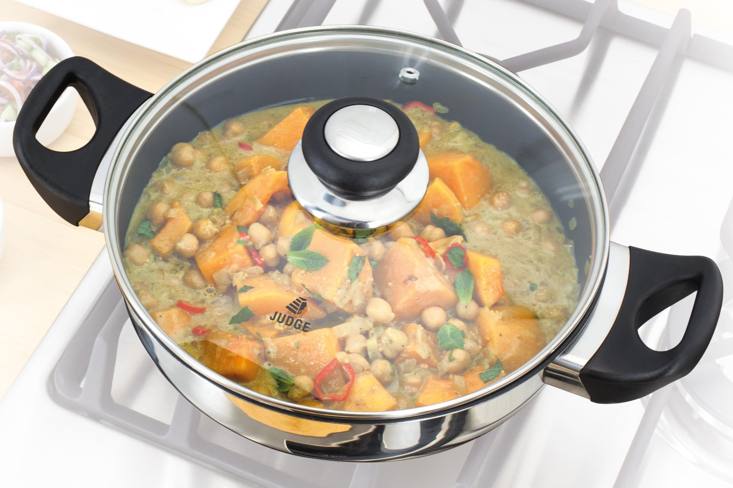 Judge Vista Stainless Steel Non-Stick Shallow Casserole 24cm, Frying Pan with Shatterproof Glass Lid, Induction Ready, Oven Safe - Image 4