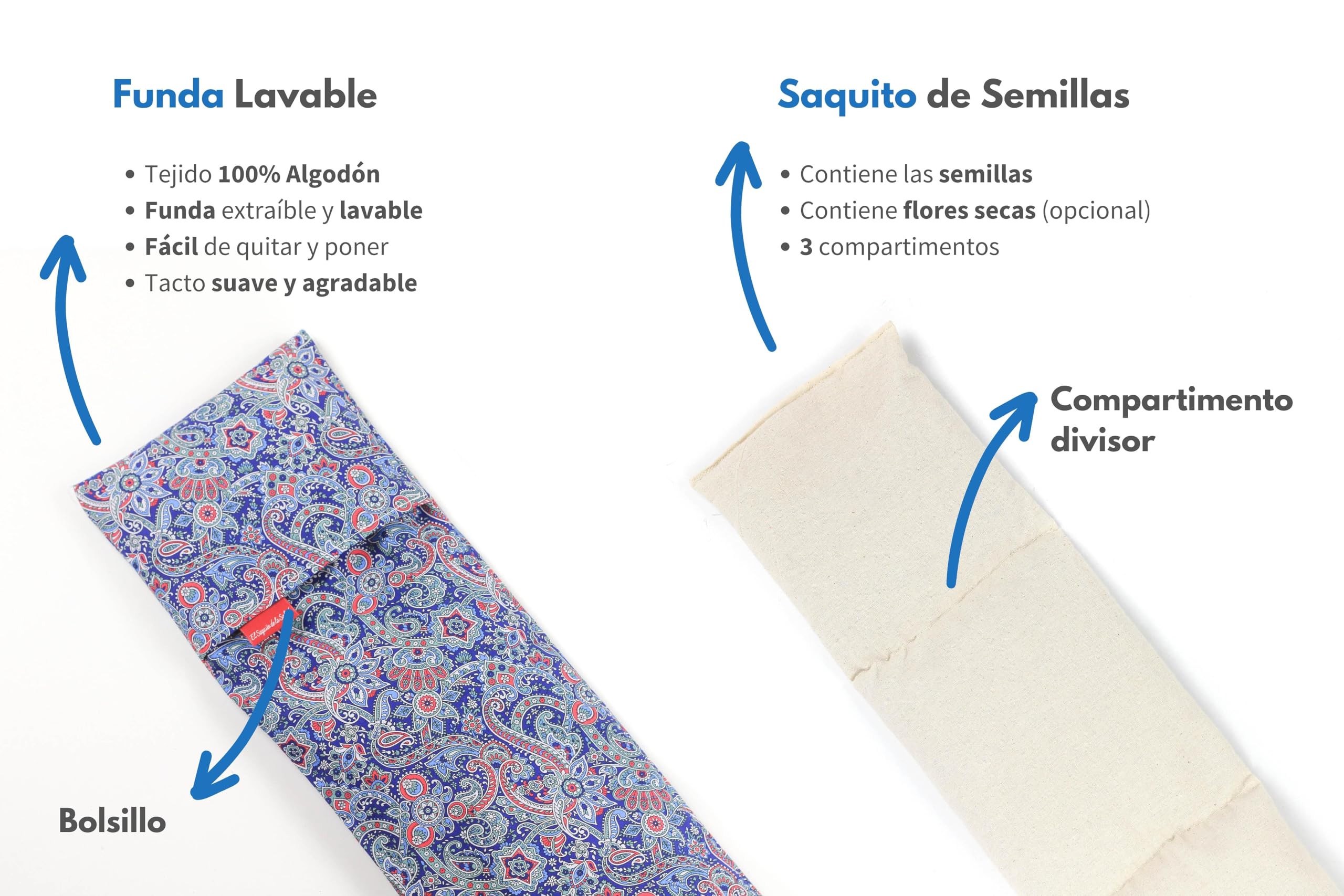 Saco Térmico de Semillas para microondas Aroma Lavanda, Azahar o Romero para aplicar Calor seco Natural 100% Algodón Cachemir (Romero, M (50 x 15 x 2 CM con Funda))