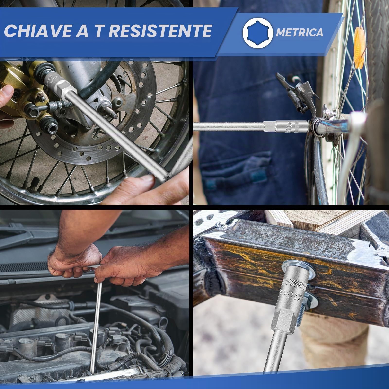 Set di chiavi a T con impugnatura metrica, 10 pezzi (7 mm, 8 mm, 9 mm, 10 mm, 11 mm, 12 mm, 13 mm, 14 mm, 17 mm, 19 mm), acciaio Cr-V, 6 punte, per riparazione di auto e moto da cross