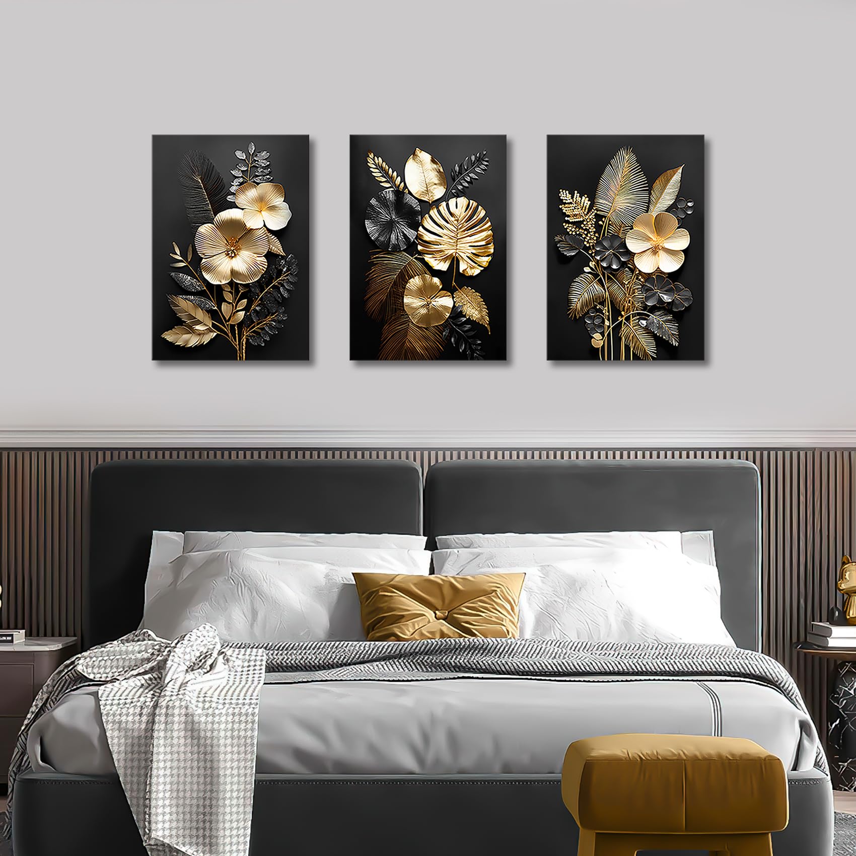 Cuadro Abstracto Flores Dorado 60x40 Cm - Impresión En Tejido No Tejido, Listo Para Colgar