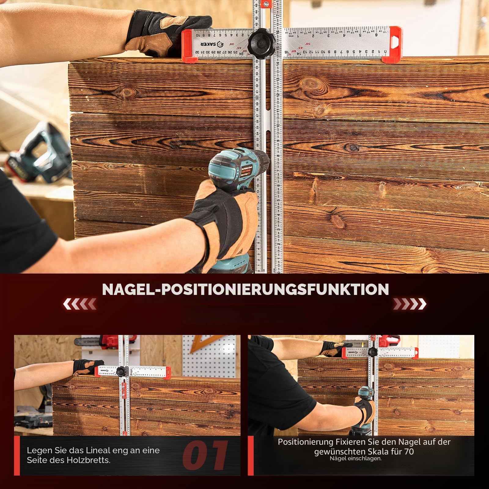 Saker 4-in-1-Lineal für Bohrpositionierung, T-Vierkant, Markierungslehre, Holzbearbeitung, Anreißen, Zeichnen, präzises Bohrwerkzeug
