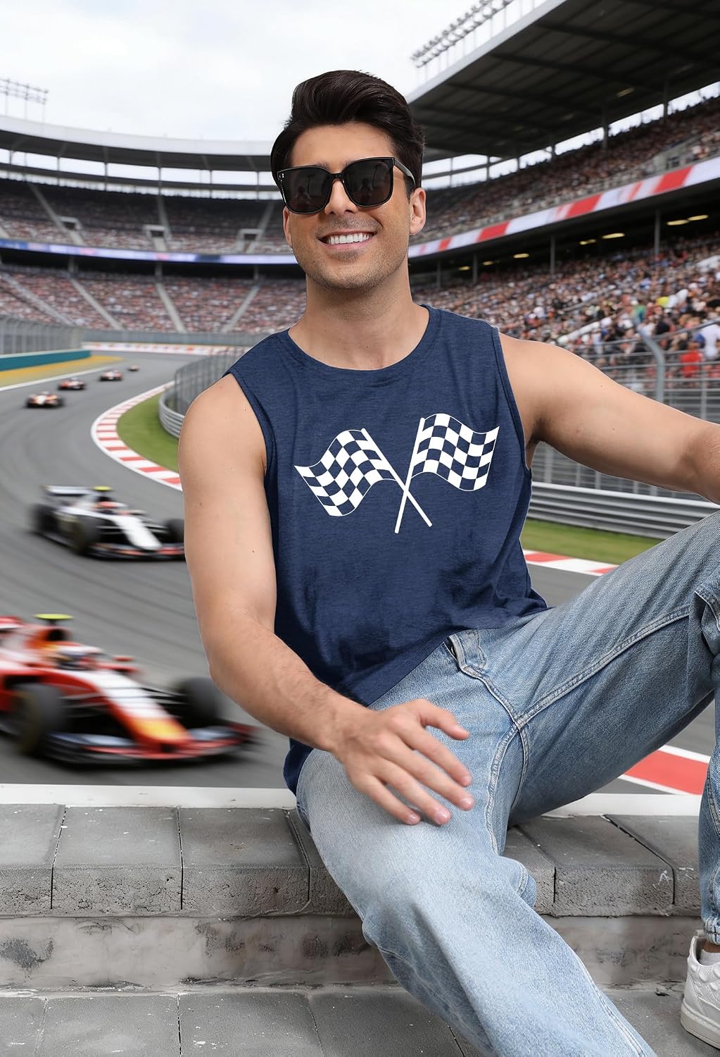 Racing Tank Tops for Men: Checkered Flag Graphic Car Shirt Race Lover Sleeveless Shirts Summer Race Day Top