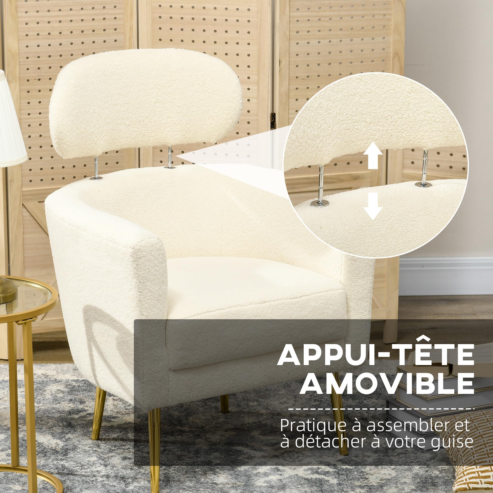 HOMCOM Fauteuil salon avec appuie-tête amovible, fauteuil crapaud, style moderne, tissu en peluche teddy, pieds en métal doré, pour salon, chambre à coucher, salle d'étude, crème