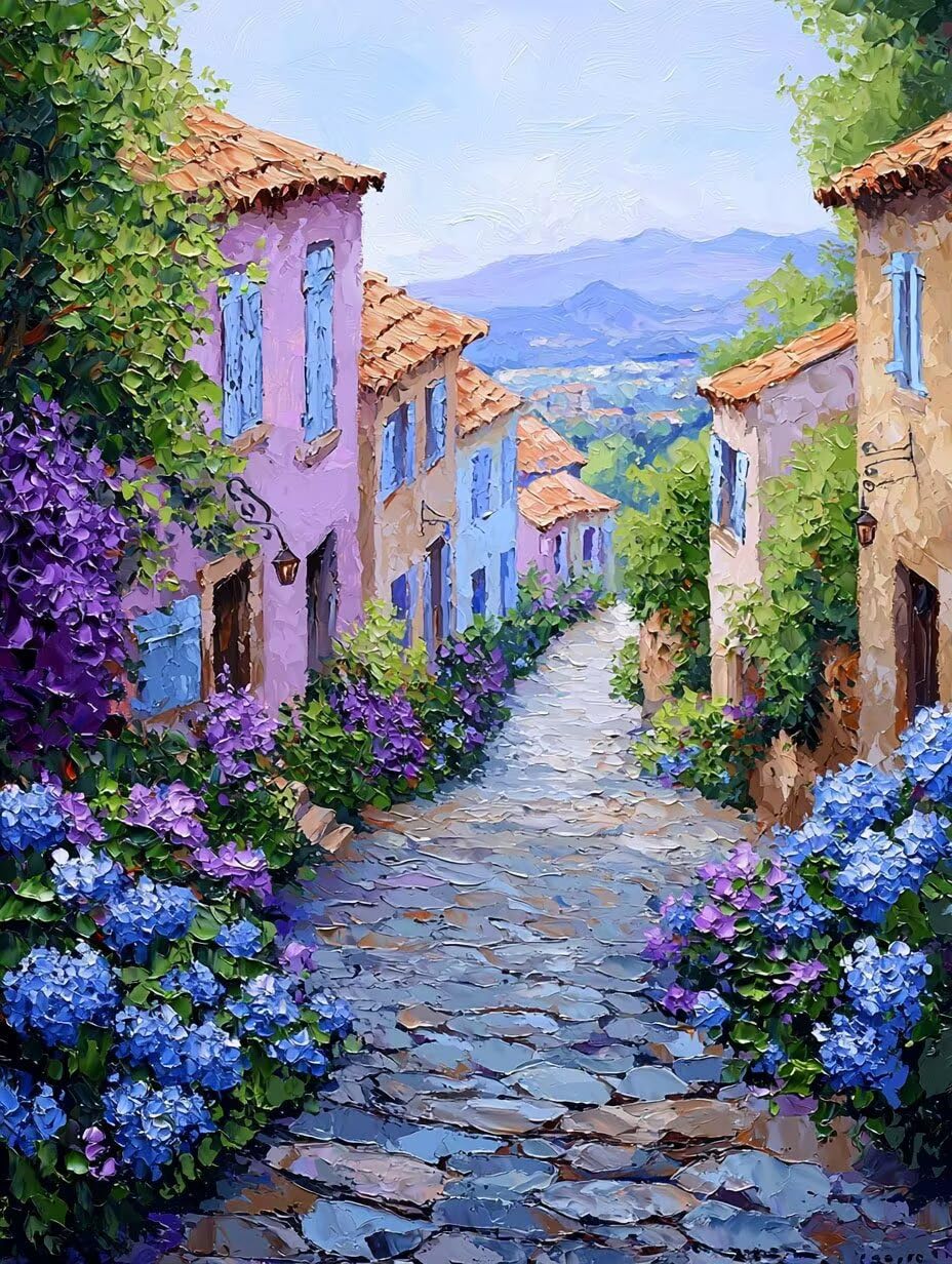 Malen nach Zahlen Erwachsene Straßenansicht mit Hortensie, 70x90cm x-498 | Malen nach Zahlen Erwachsene Leinwand Kit, DIY Handgemalt Ölgemälde Set mit 3-Pinseln und Acrylfarbe für Wanddeko,Ohne Rahmen
