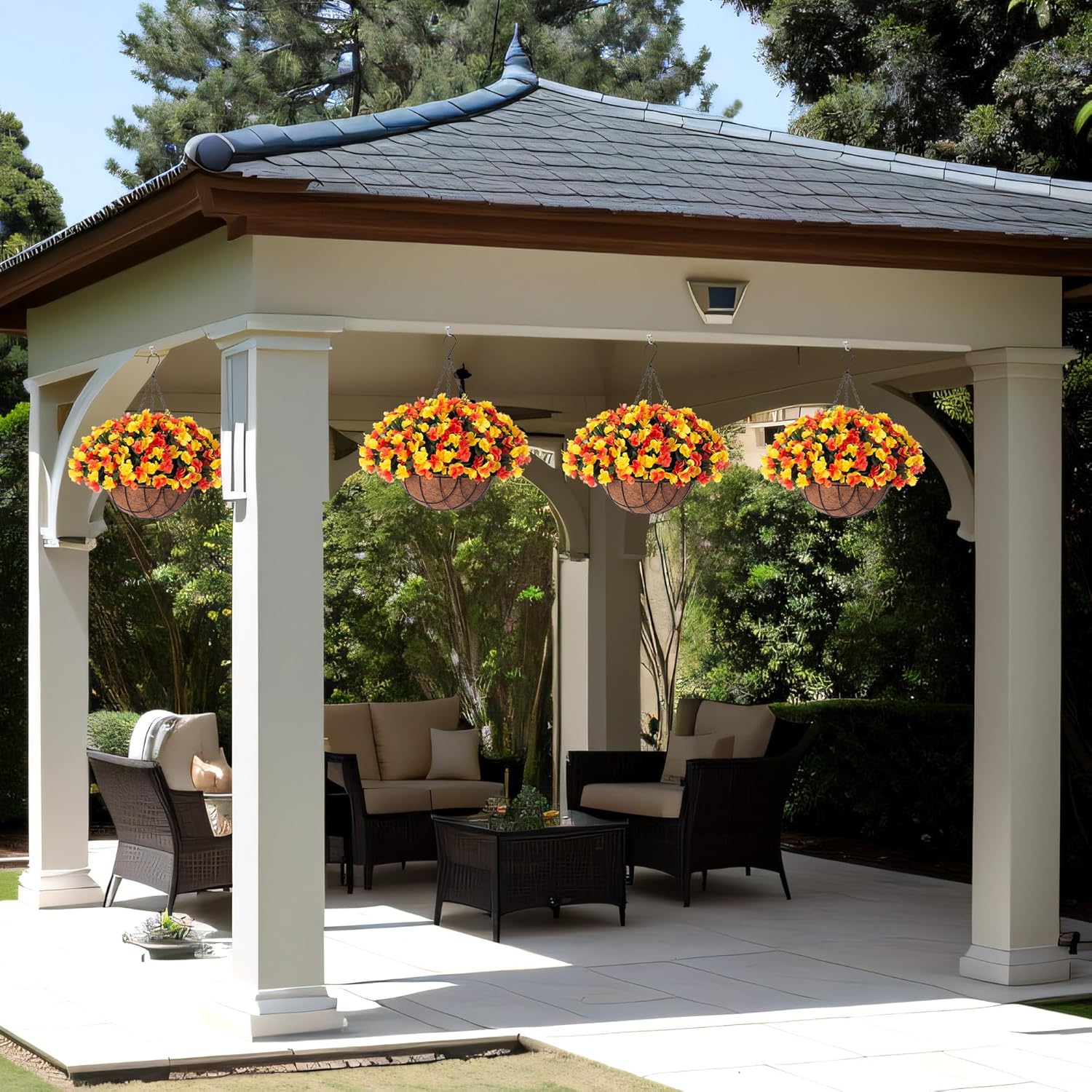 Artificial Hanging Flowers with 12" Basket for Outdoor Decor, Fake Hydrangea UV Resistant Arrangements in Pot Planter Decor for Spring Summer Porch Garden Yard(OrangeYellow) - Image 6