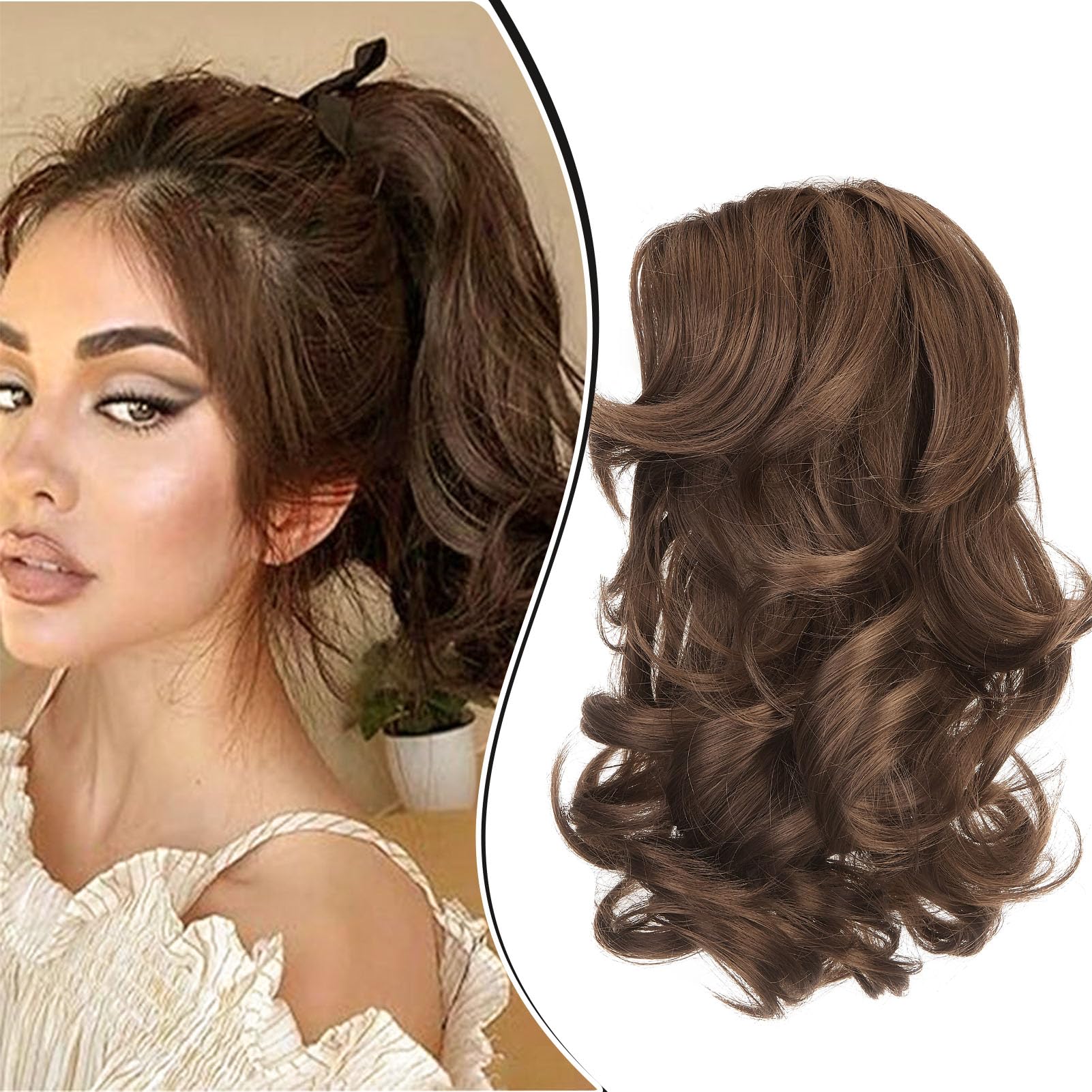 Dcbaboo Short Ponytail Extension Curly 12inch Claw Clip in Ponytail Hair Extensions Long Wavy Synthetic Pony tails Natural Wave One Piece Hairpiece Fake Ponytail for Women Dark Brown/Dark Auburn