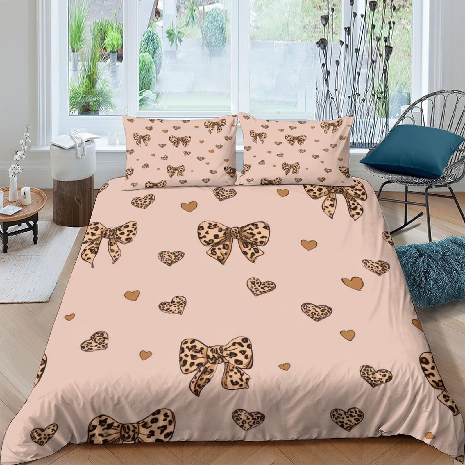 Ctjqhvkz Style-4 3D Printed Leopard Bow Fitted Sheet Microfiber Soft Pink Heart Bed Cover For Bedroom Guest Room Mattress Protection Decor Single（135X200cm）