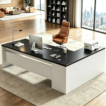 L Shaped Executive Desk with Drawers and File Cabinet - Large Home Office Desk with Modern Design, Corner Desk for Workstations