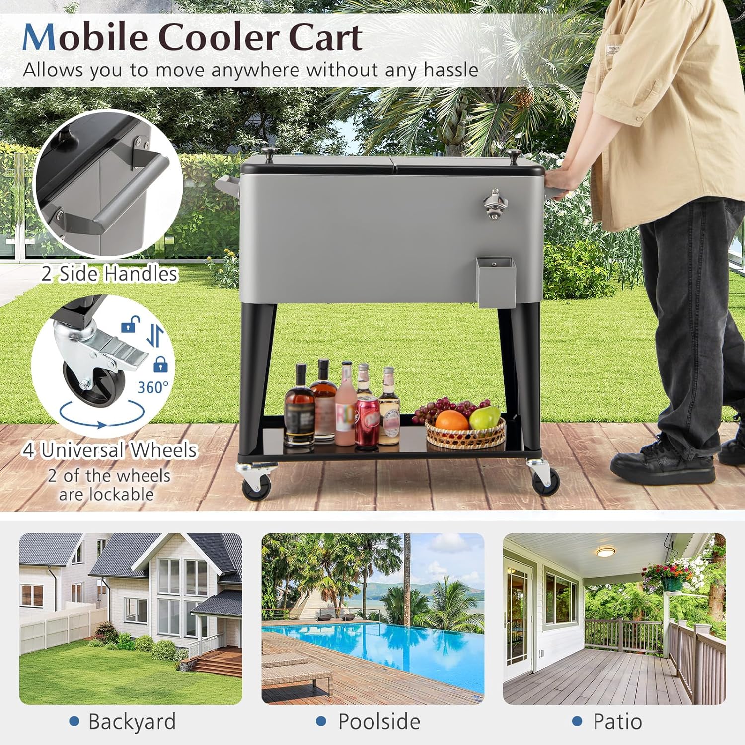 Giantex 80 Quart Rolling Patio Cooler Cart with Bottom Storage Shelf & Drain, Outdoor Ice Chest with Lockable Wheels, Bottle Opener & Cap Catcher, for Party Poolside Backyard BBQ