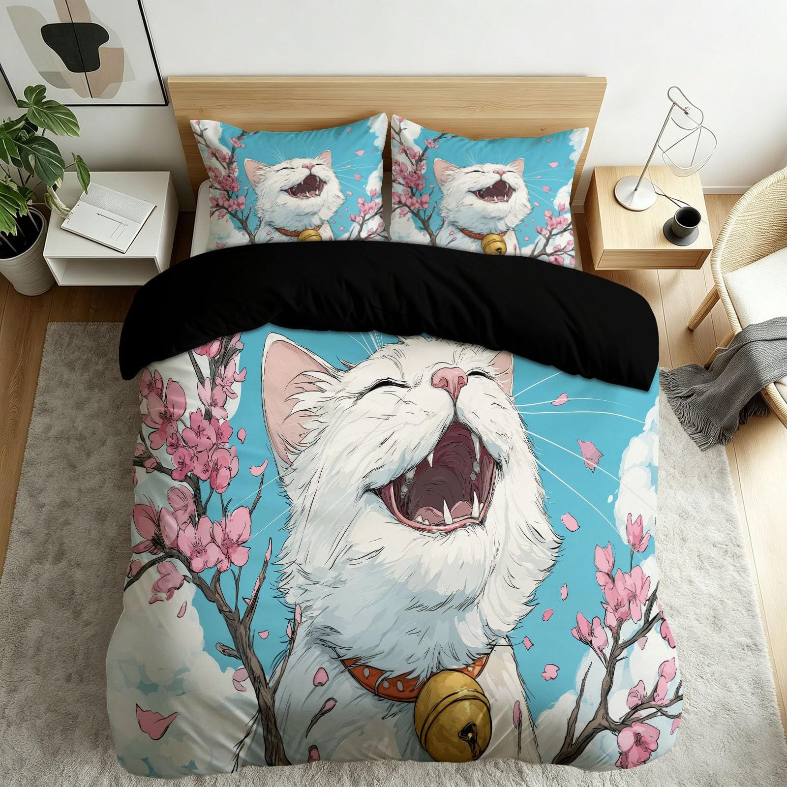 Funda de edredón de 135x200 cm de gato: juego de ropa de cama reversible y ligero para niños